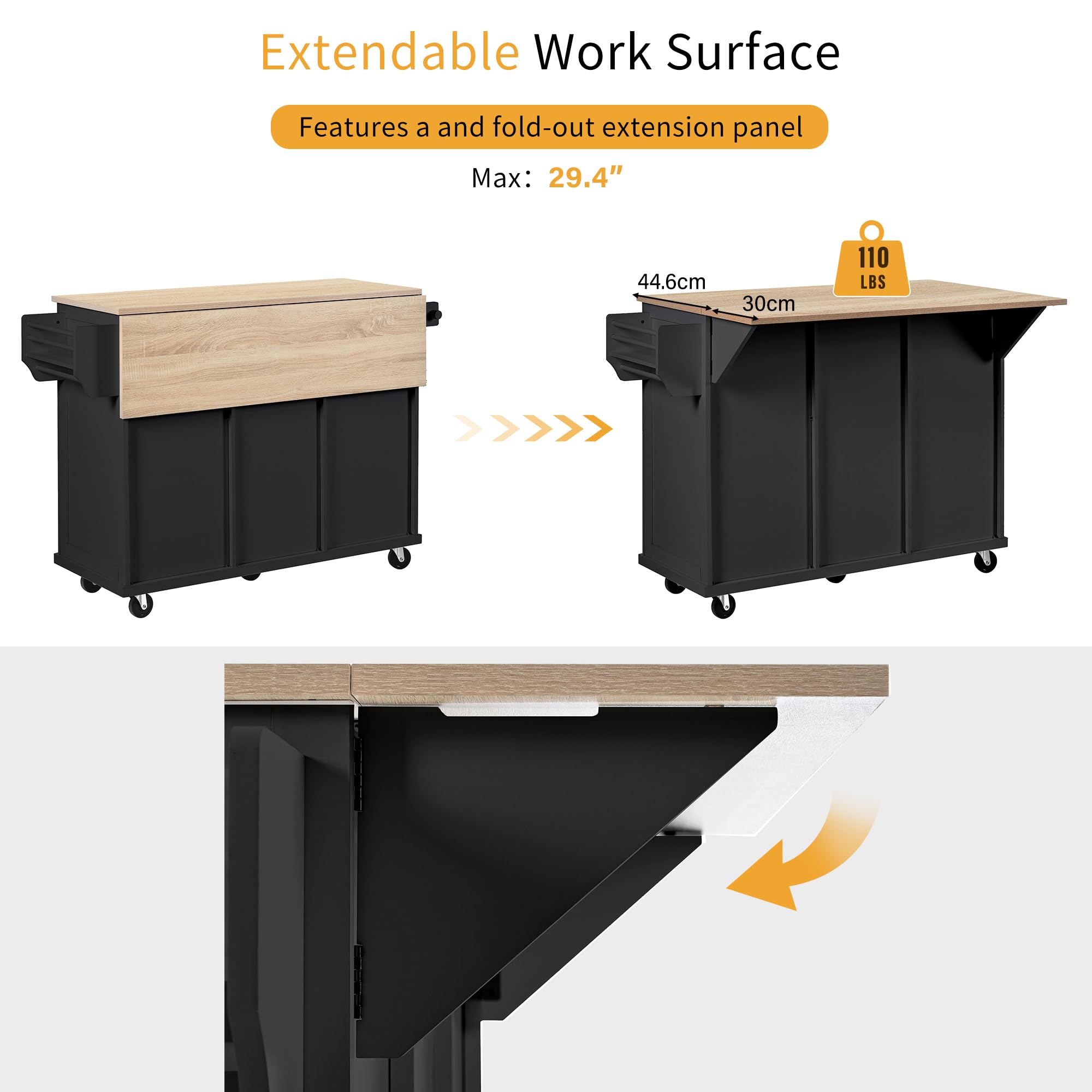 Carrello da cucina nero con ruote espandibile Isola da pranzo Cestino della spazzatura Spazio Cassetti Portaspezie laterale & Porta asciugamani – Soluzione versatile per riporre e riporre oggetti da