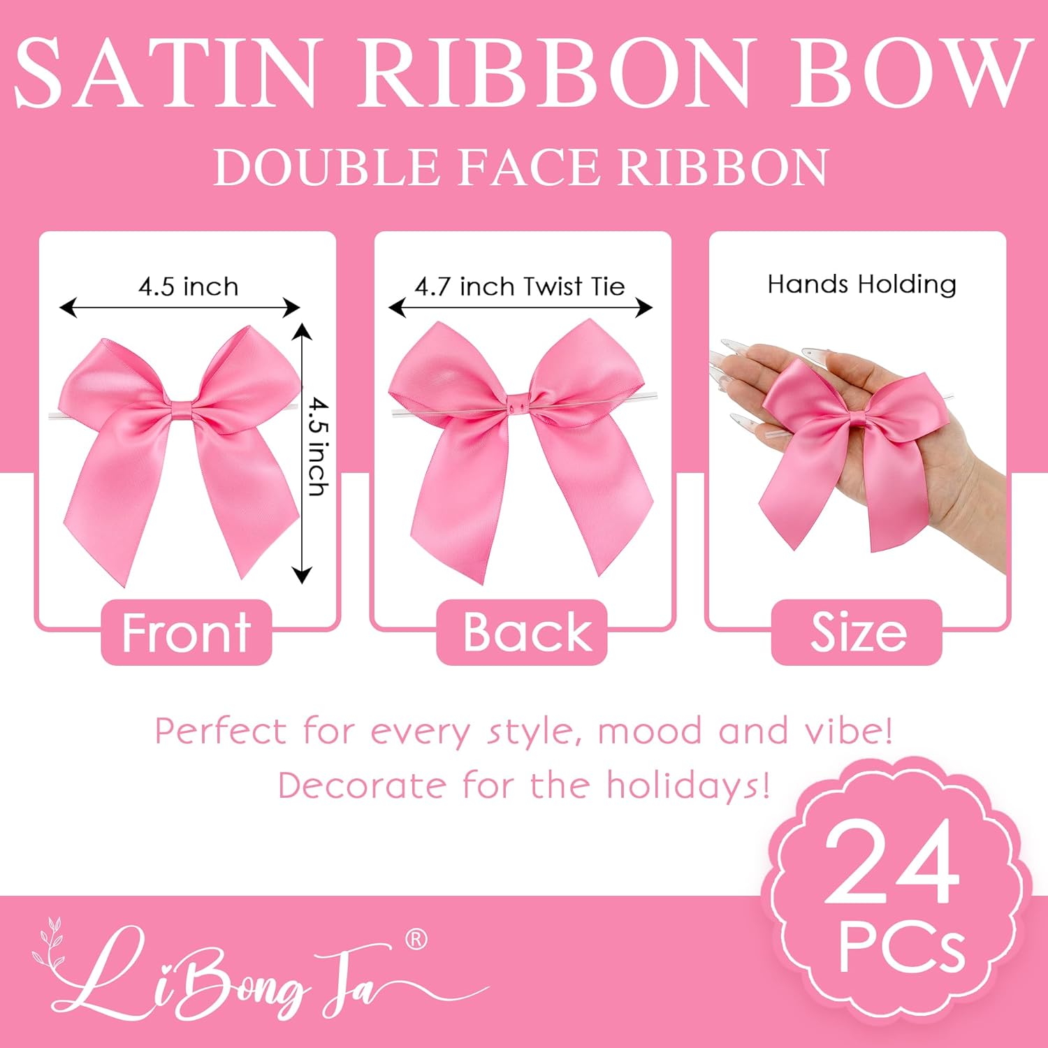 4.5" Satin Ribbon Hot Pink Bows for Gift Wrapping, Twist Tie Bows, Cute Bows for Crafts, Party Favors, Premade Bows Pre-Tied Decorative Bows for Flower Bouquets Candy Apple Bows-24 Counts - Image 2