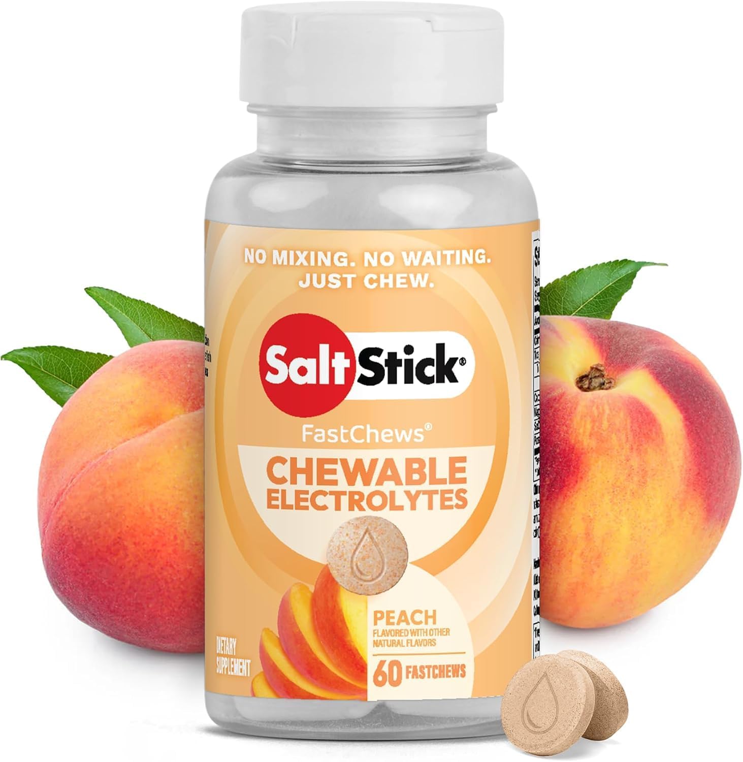 SaltStick FastChews Electrolytes - 60 Chewable Electrolyte Tablets - Salt Tablets for Running, Fast Hydration, Leg Cramps Relief, Sports Recovery - Non-GMO, Vegan, Gluten Free (Peach)