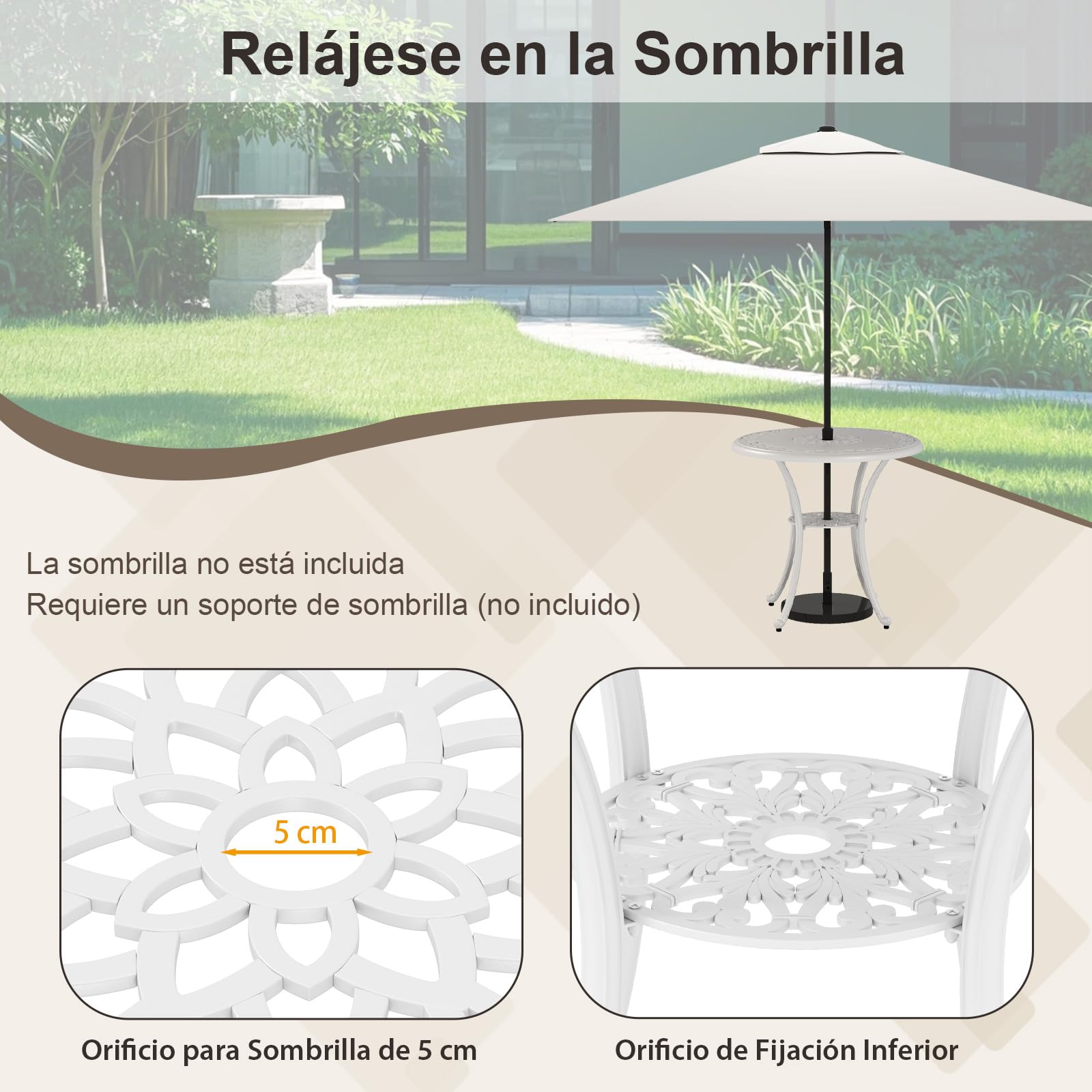 COSTWAY Mesa y Sillas Bistro, Aluminio Fundido, 1 Mesa con Orificio para Sombrilla y 4 Sillas, Conjunto Mesa y Sillas Jardin Balcon Terraza (Floral)