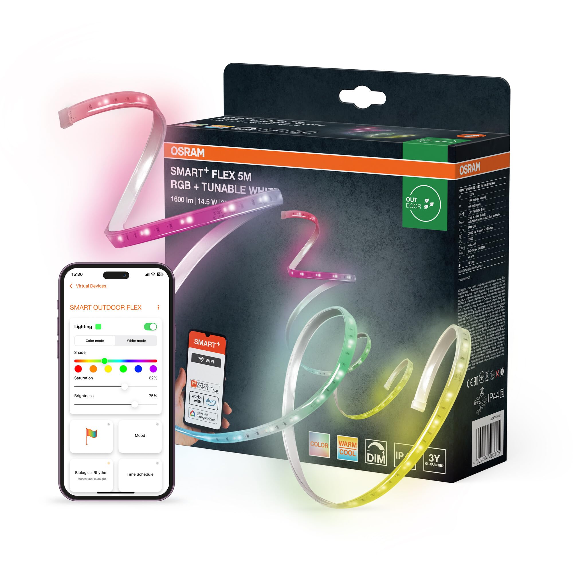 OSRAM Taśma LED SMART+ WIFI OUTD FLEX 5M, biała, 14W, 850lm, sterowana barwa ciepła od ciepłej do chłodnej bieli, światło RGB, do użytku na zewnątrz, sterowanie za pomocą aplikacji, długa żywotność,