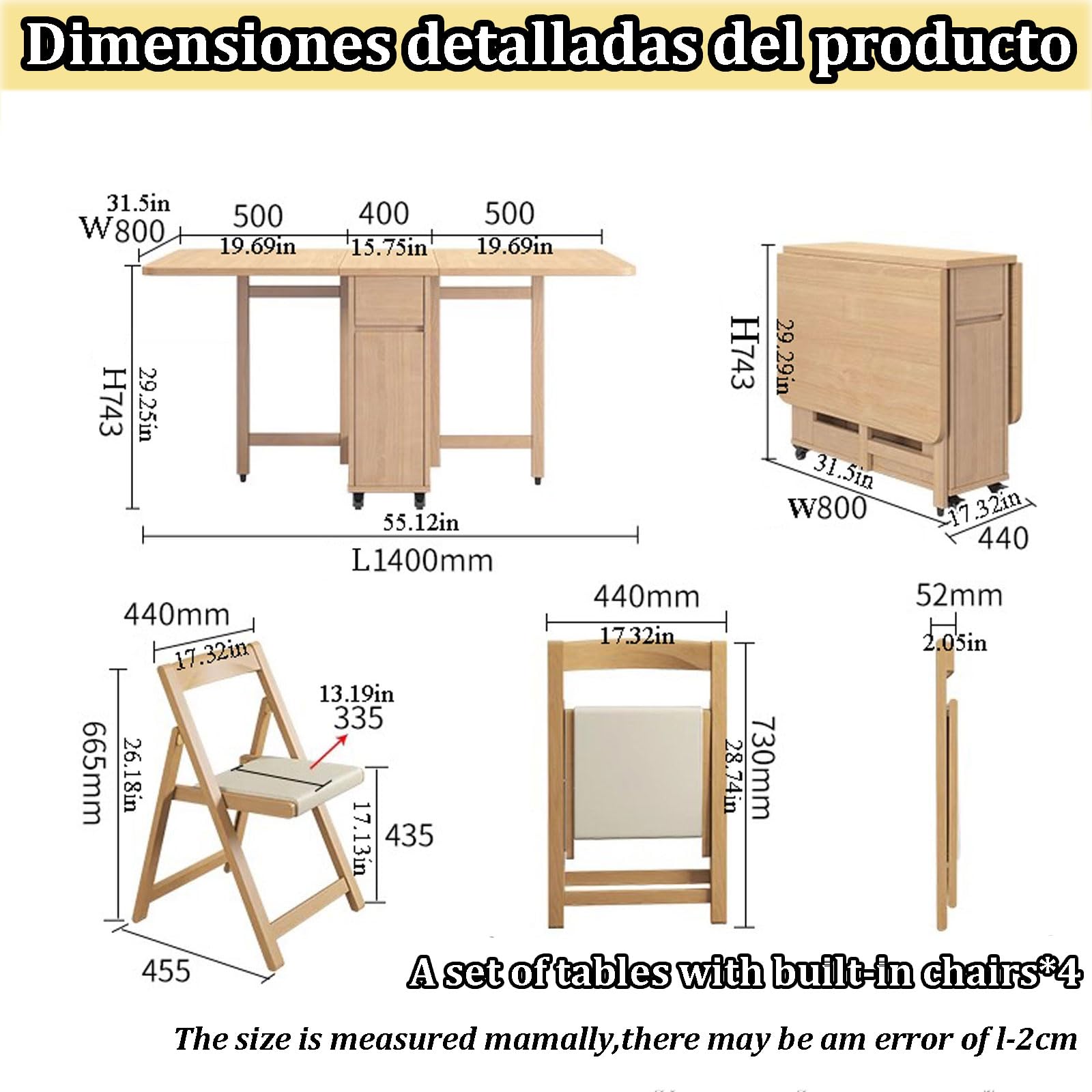 Genérico Juego de Mesa de Comedor Plegable con 4 Sillas | Madera, Extensible, Patas Ajustables, Abatible, Para 6-8 Personas