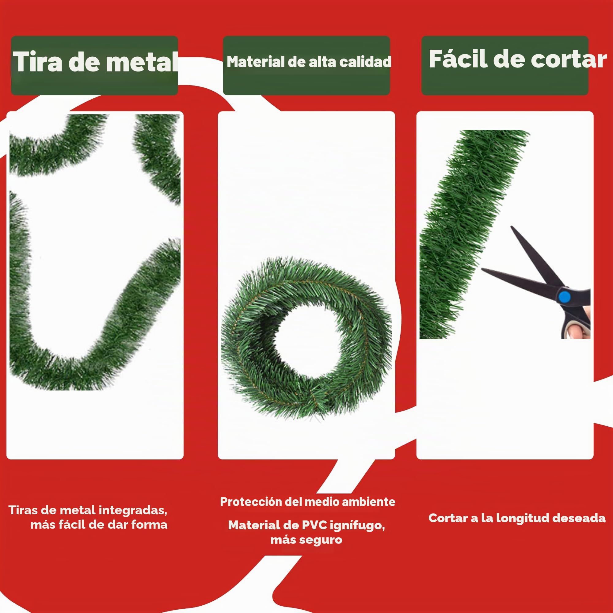 Guirnalda Navidad Verde 2,7 Metros Flexible y Resistente, sin luz, Apta Luces LED, moldeable DIY para Interior Exterior Chimenea, barandilla, Puerta, Ventana, árbol, decoración (3, 2,7M 250 Puntas)