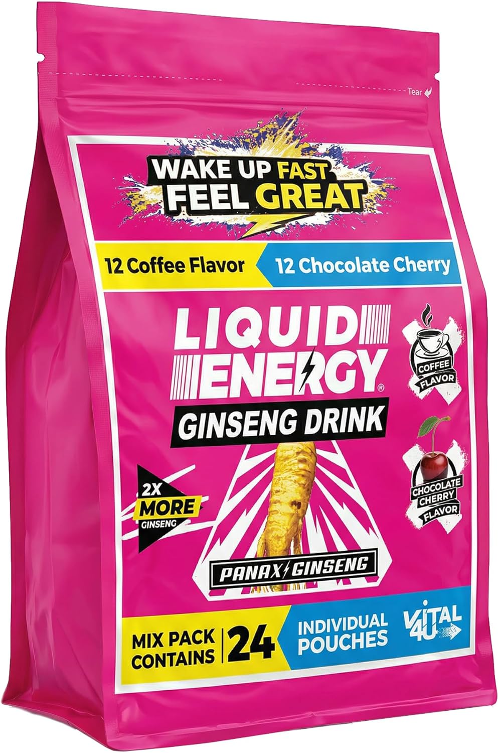 VITAL 4U® Liquid Energy Shot - Coffee & Chocolate Cherry Combo Pack, Ginseng, B Vitamins, Naturally Sweetened, 24 ct