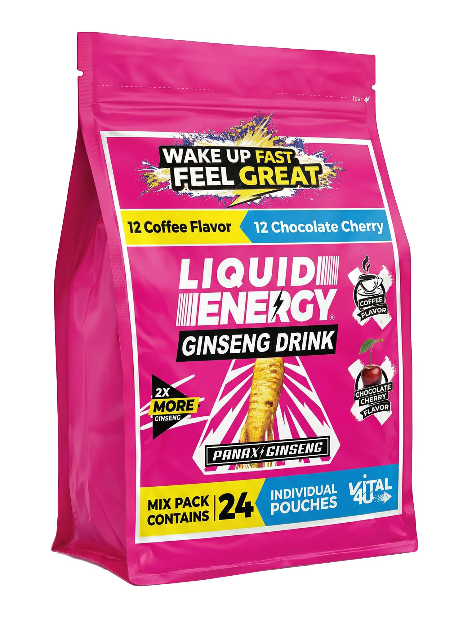 VITAL 4U® Liquid Energy Shot - Coffee & Chocolate Cherry Combo Pack, Ginseng, B Vitamins, Naturally Sweetened, 24 ct