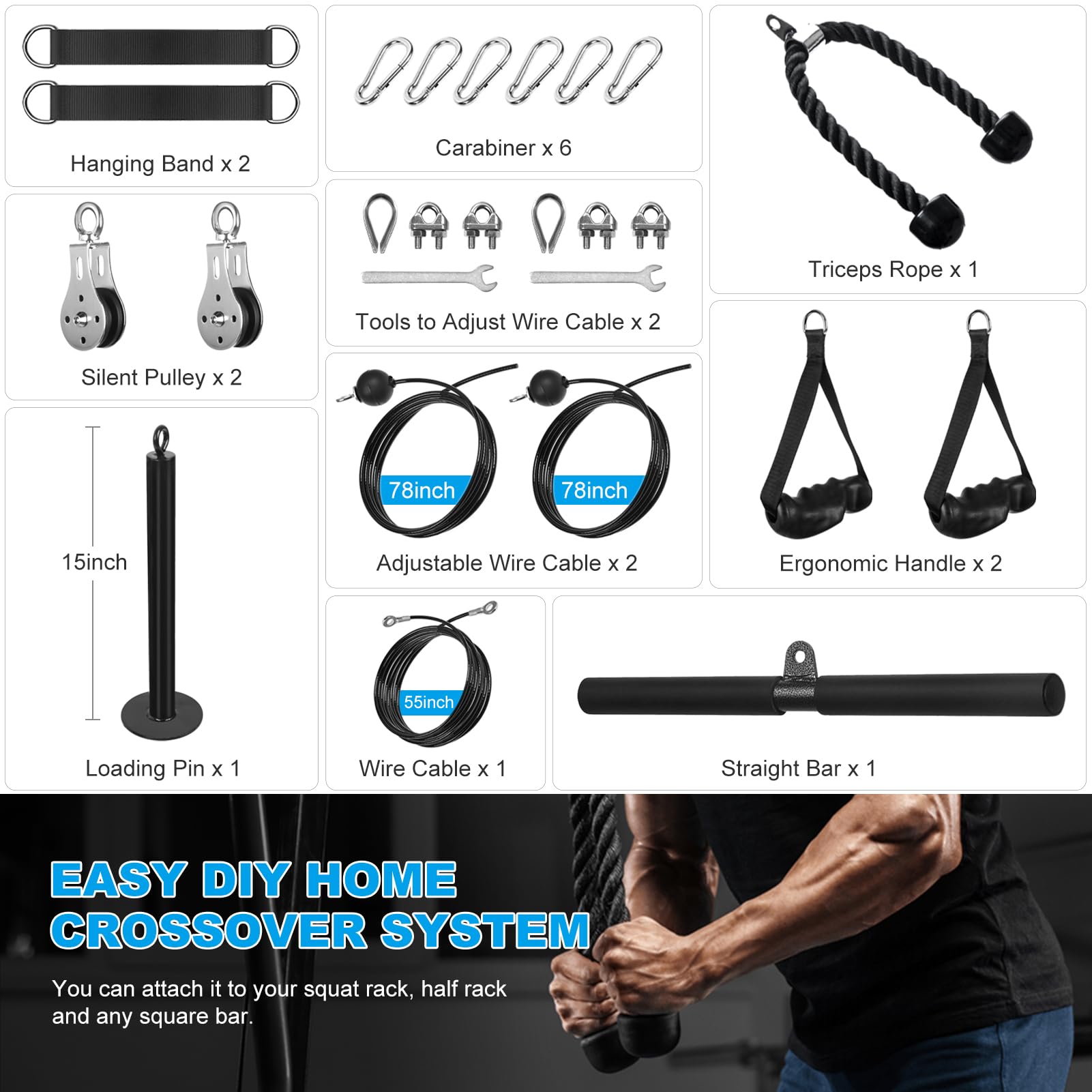 Kabelzug Fitness Latzug Gym Kabelsystem Latzug Fitnesssgeräte Kabelzug Pulley System Latzugmaschine Fitness Riemenscheibe Kabelmaschine für LAT Pull Down, Bizeps Curl