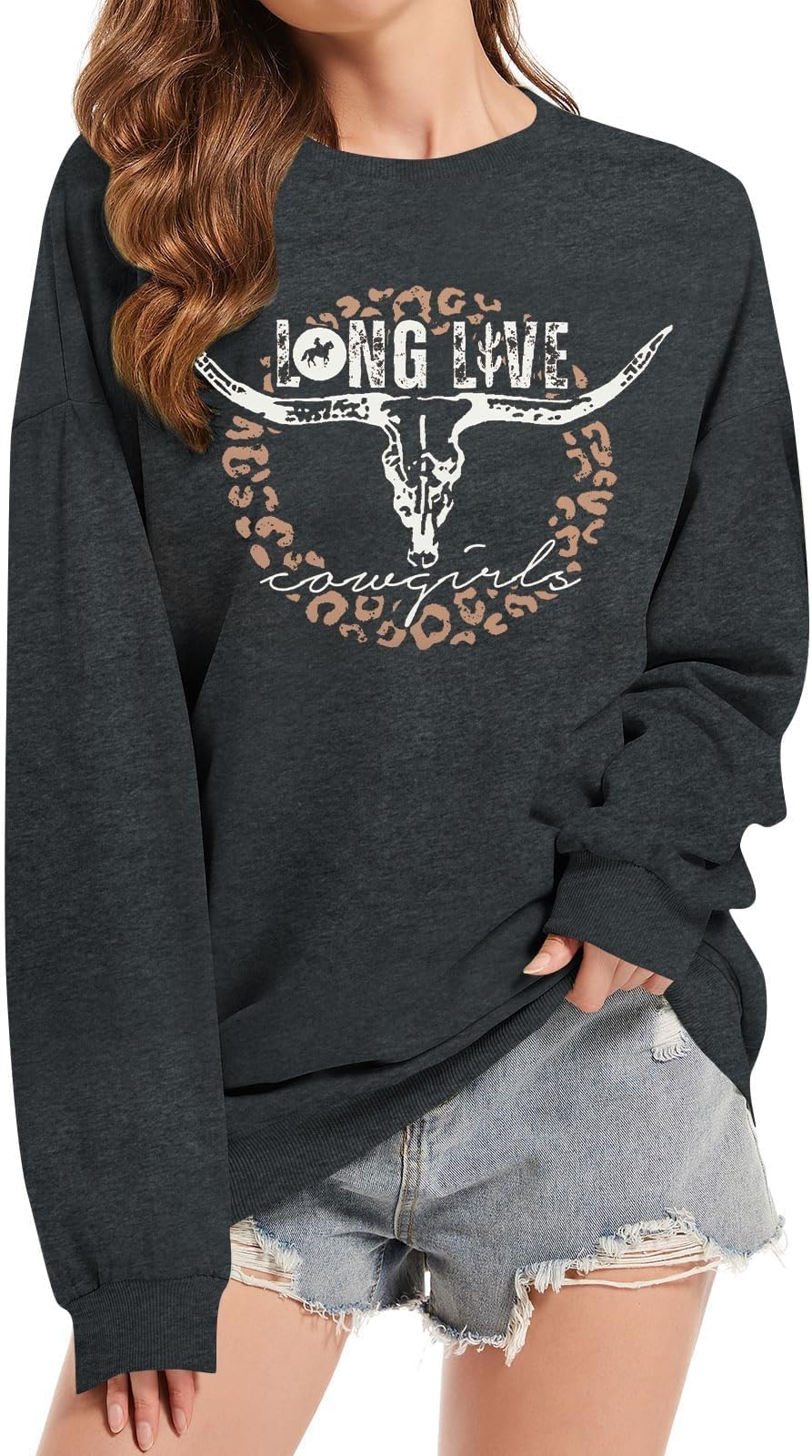 Western Sweatshirts for Women Rodeo Skull Cow Sweatshirt Long Live Cowgirls Pullover Retro Long Sleeve Shirt