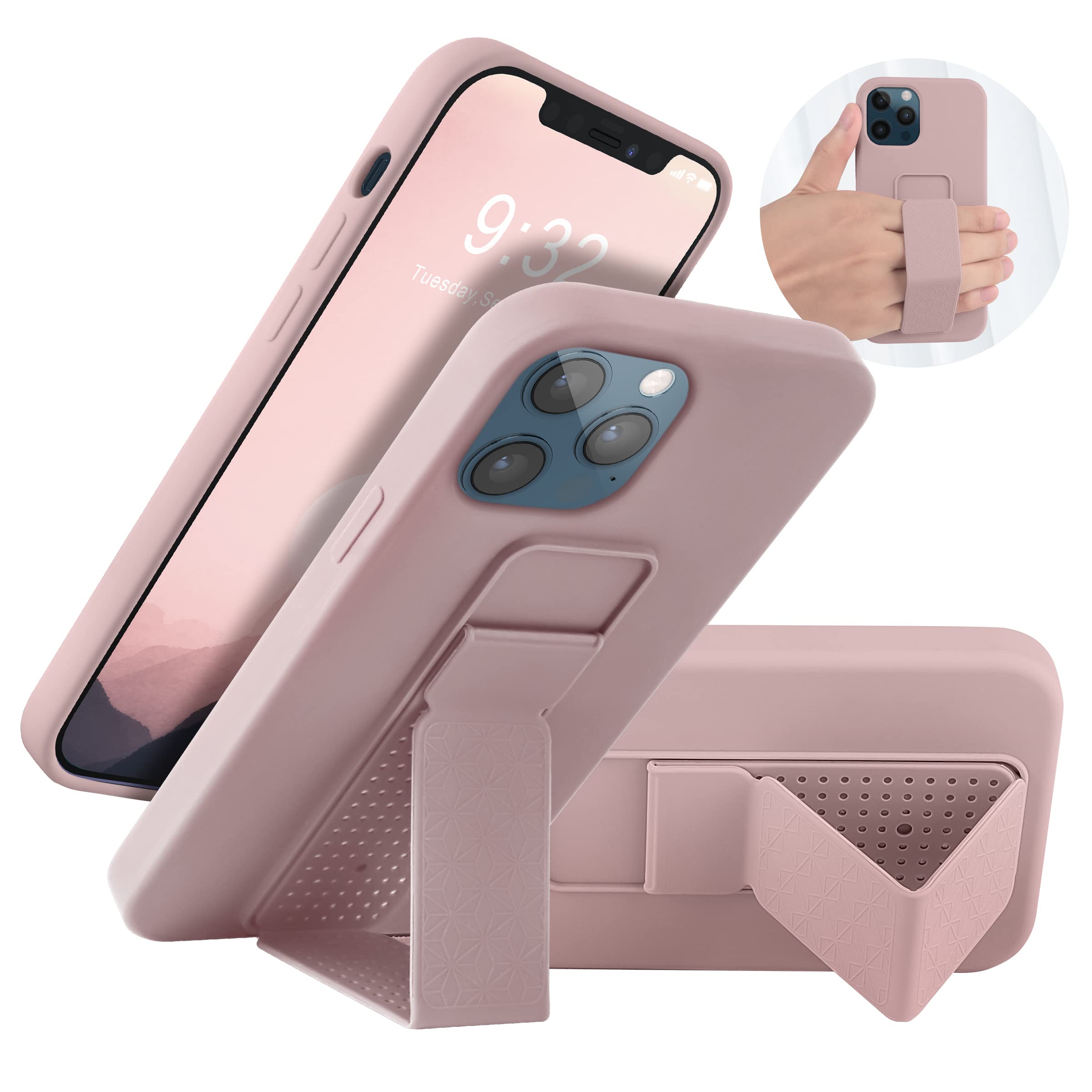 LAUDTEC iPhone 12 Pro Max Case with Kickstand, Vertical/Horizontal Stand Hand Strap Kickstand Liquid Silicone Full-Body Shockproof Protective Case for iPhone 12 Pro Max 6.7'' Pink
