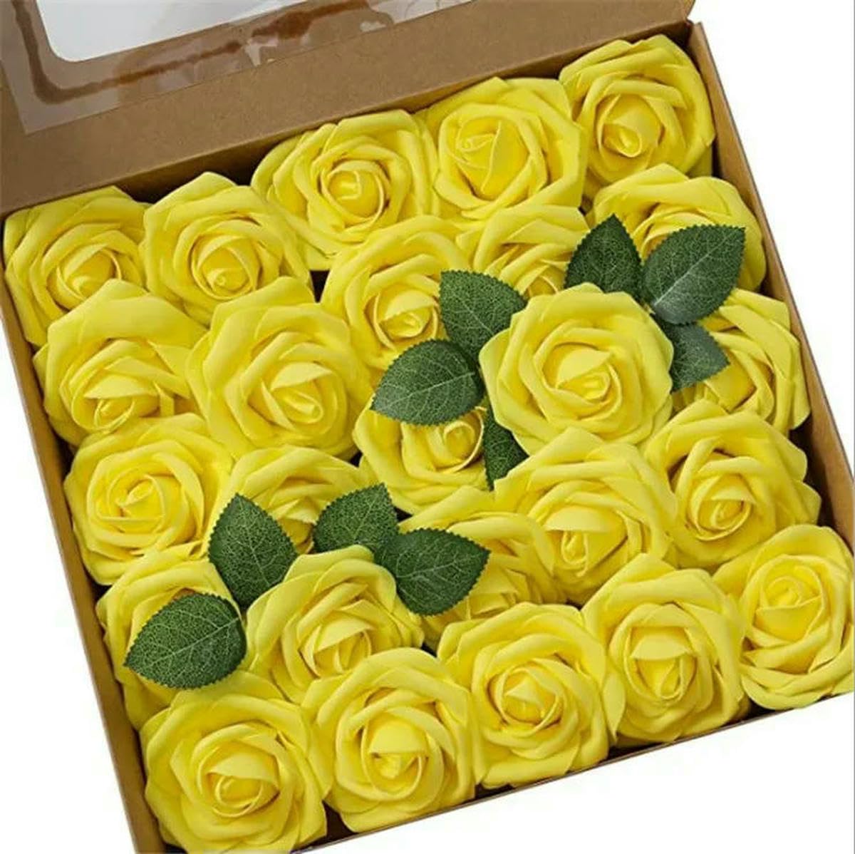 AYHTUD 10~100pcs Rose Artificial Flowers Foam Fake Roses Wedding Bouquets Centerpieces Mothers Day Valentines Party Decoration-Yellow-15pcs no box leaves