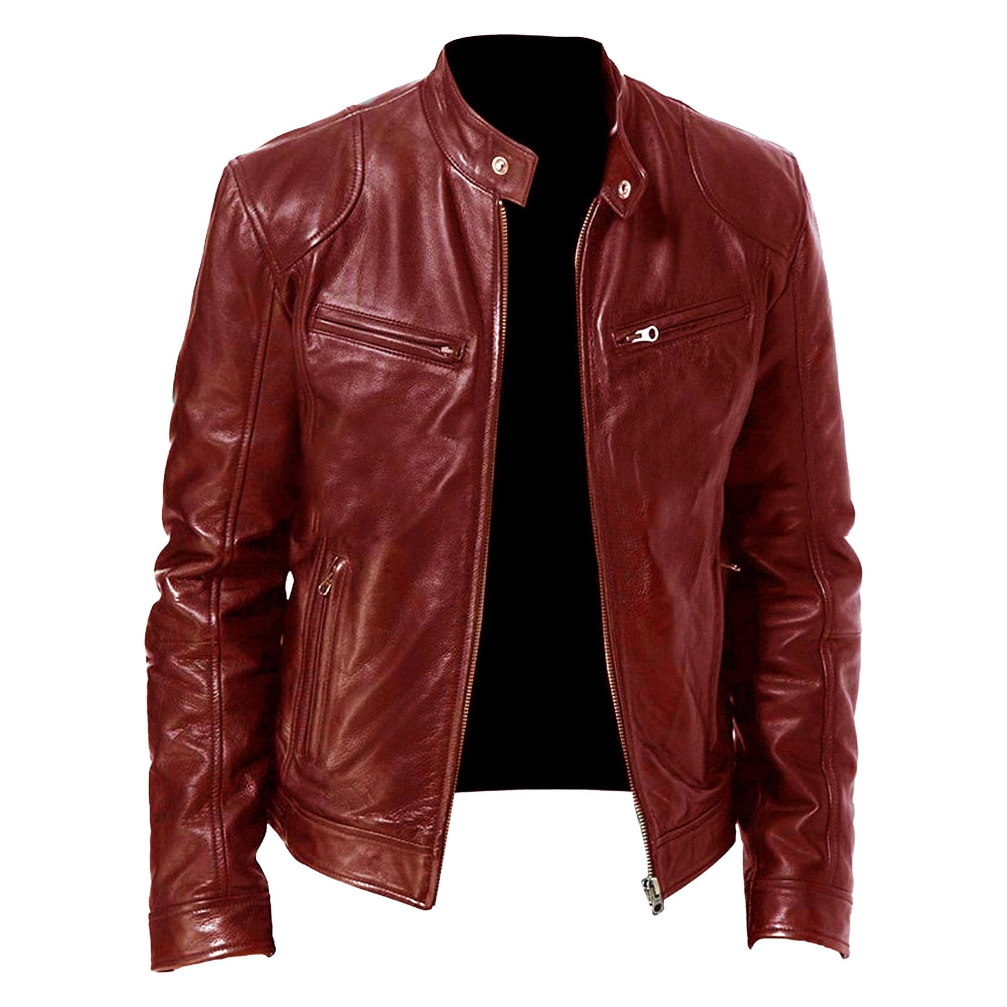 SWJGLITTR Mens Stand Collar Leather Jacket Casual Biker Motorcycle PU Jackets Slim Fit Motorcyle Lightweight Coat