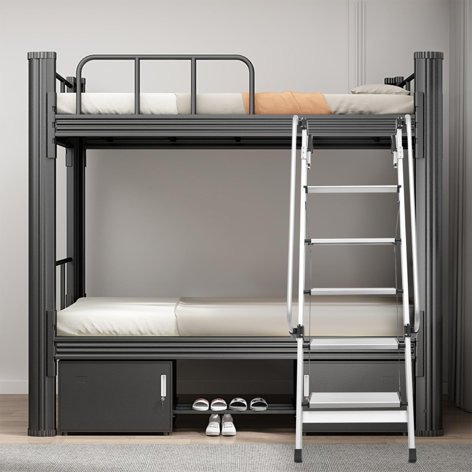 Scala per letto a castello in alluminio resistente, scala universale a 4 gradini da 1,5 m, con corrimano regolabile, design antiscivolo per la sicurezza su soppalco, camion o barca