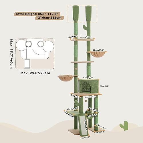 Miniatura 7 de PAWZ Road Cactus - Árbol para gatos con altura ajustable (85-112 pulgadas), centro de actividades de escalada de 7 niveles con hamacas acogedoras, 5