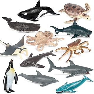 KASTWAVE Mini Safari Animals Statue Realistic Plastic Sea Animal Statue Toy, Kid'S Party Supplies Cake Topper Including Penguins, Turtles, Octopus, Humpback Whales, Whales,Etc(12pcs)