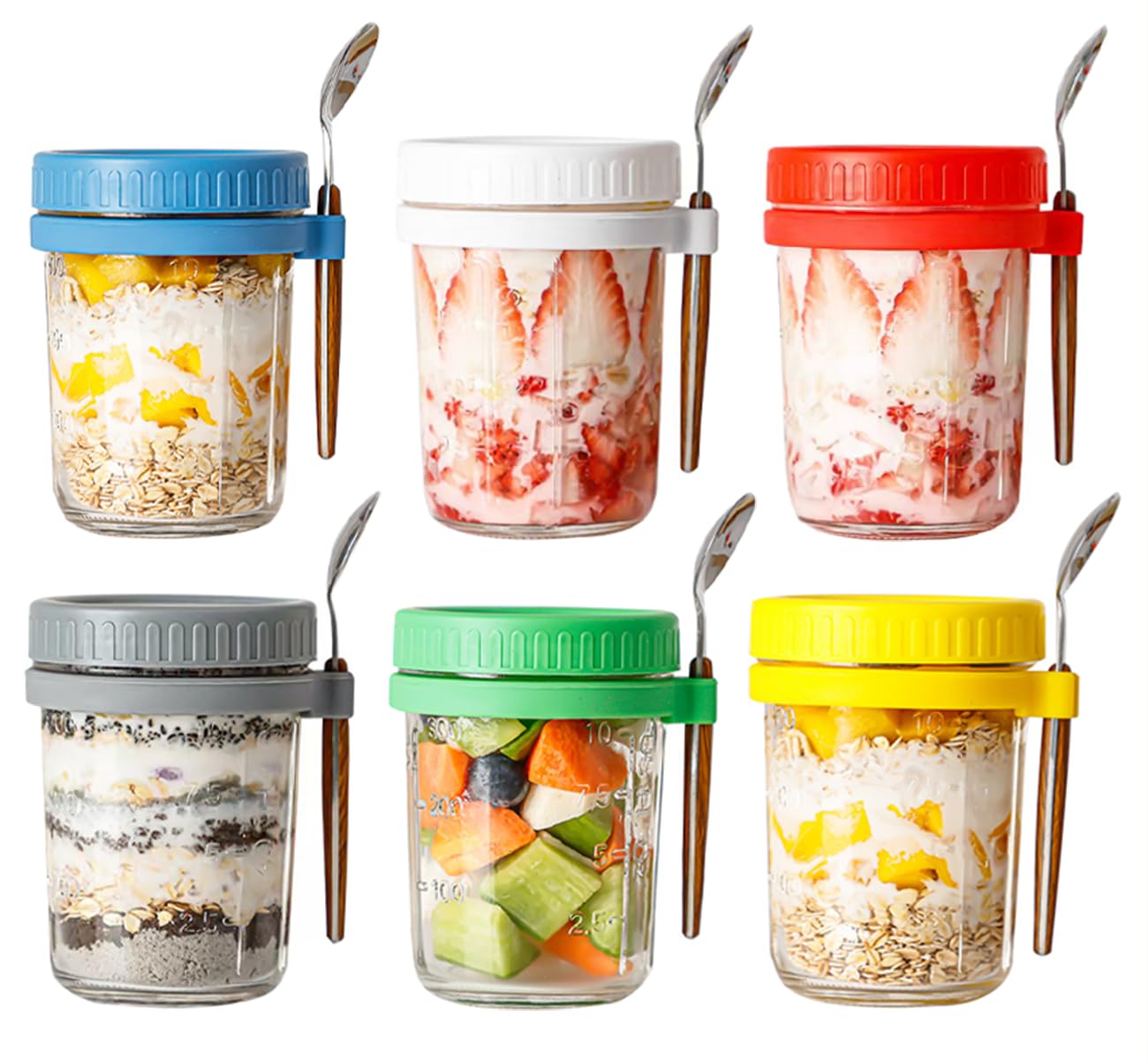 Récipient à avoine de nuit 360 ml avec couvercle et cuillère gradué pour petit-déjeuner lot de 6