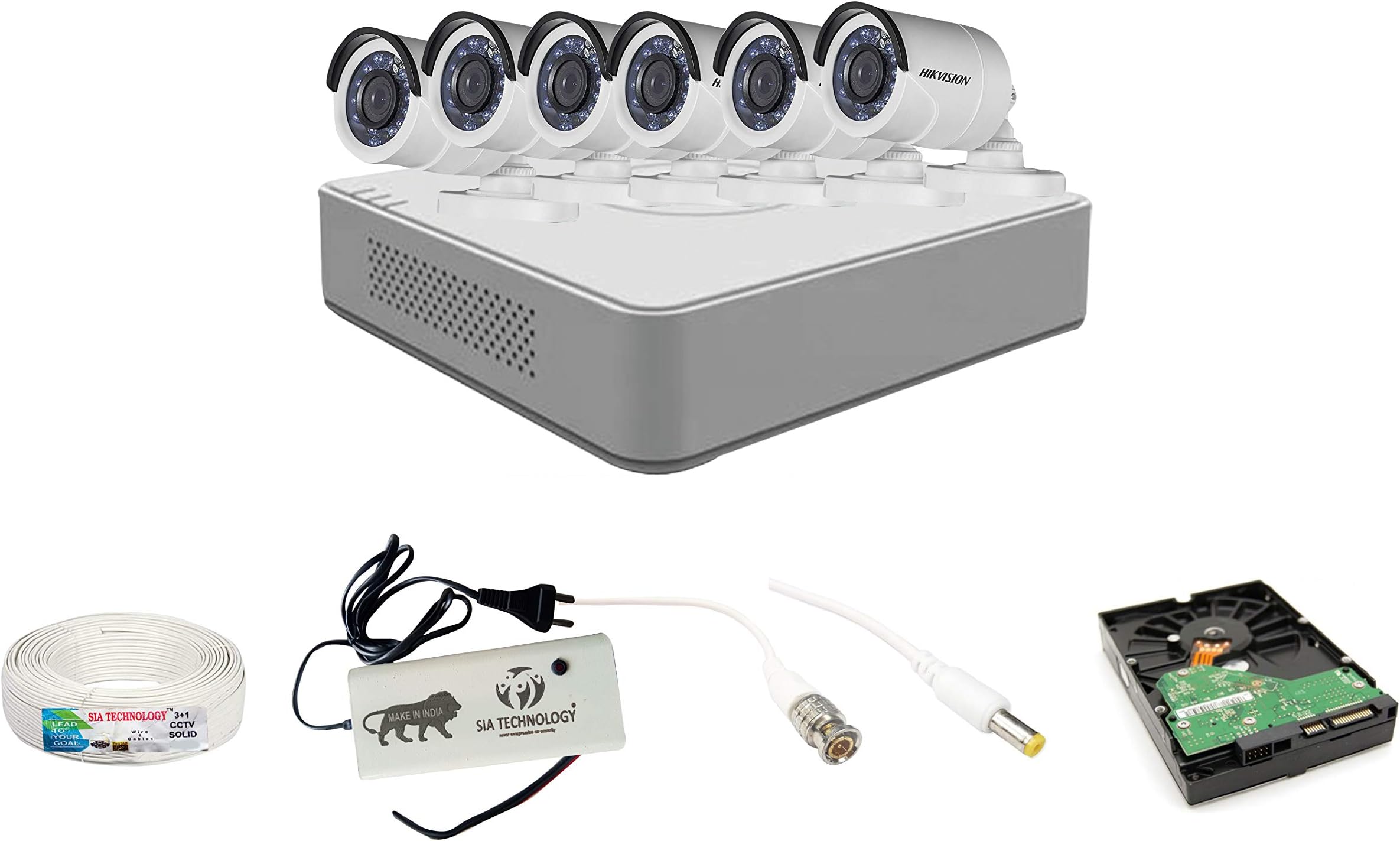 Hikvision 2MP 8 Ch HD DVR & 2MP 6 Bullet Camera HD Combo kit, Include All Require Accessories for 6 Camera Installation