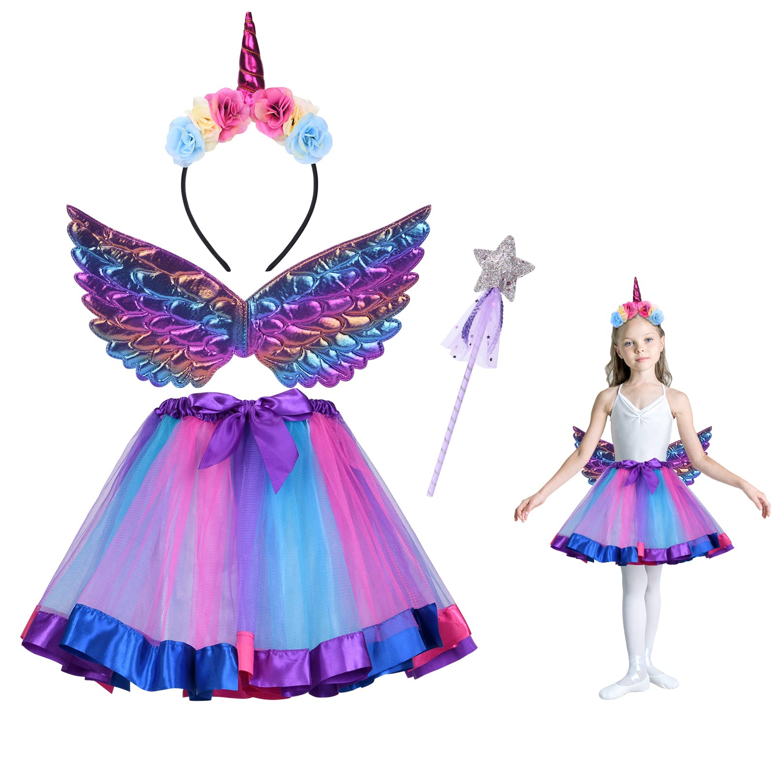 ACWOO Disfraz de Unicornio Niña, Falda de Tutú con Diadema de Unicornio y Barra Luminosa, Unicornio Disfraz de Princesa para Niña, Disfraz de Fiesta ​para Halloween Cumpleaño Carnaval Ballet Baile