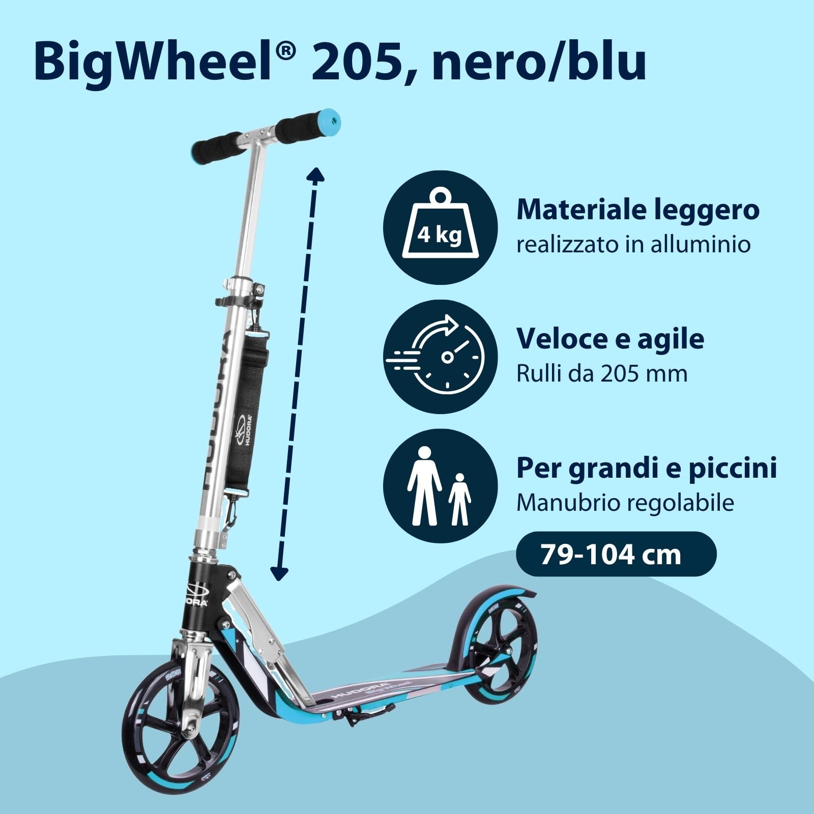 HUDORA Monopattino BigWheel 205 - Monopattino in alluminio resistente - Monopattino pieghevole regolabile con cavalletto - Monopattino sportivo per bambini e adulti fino a 100 kg - nero/blu