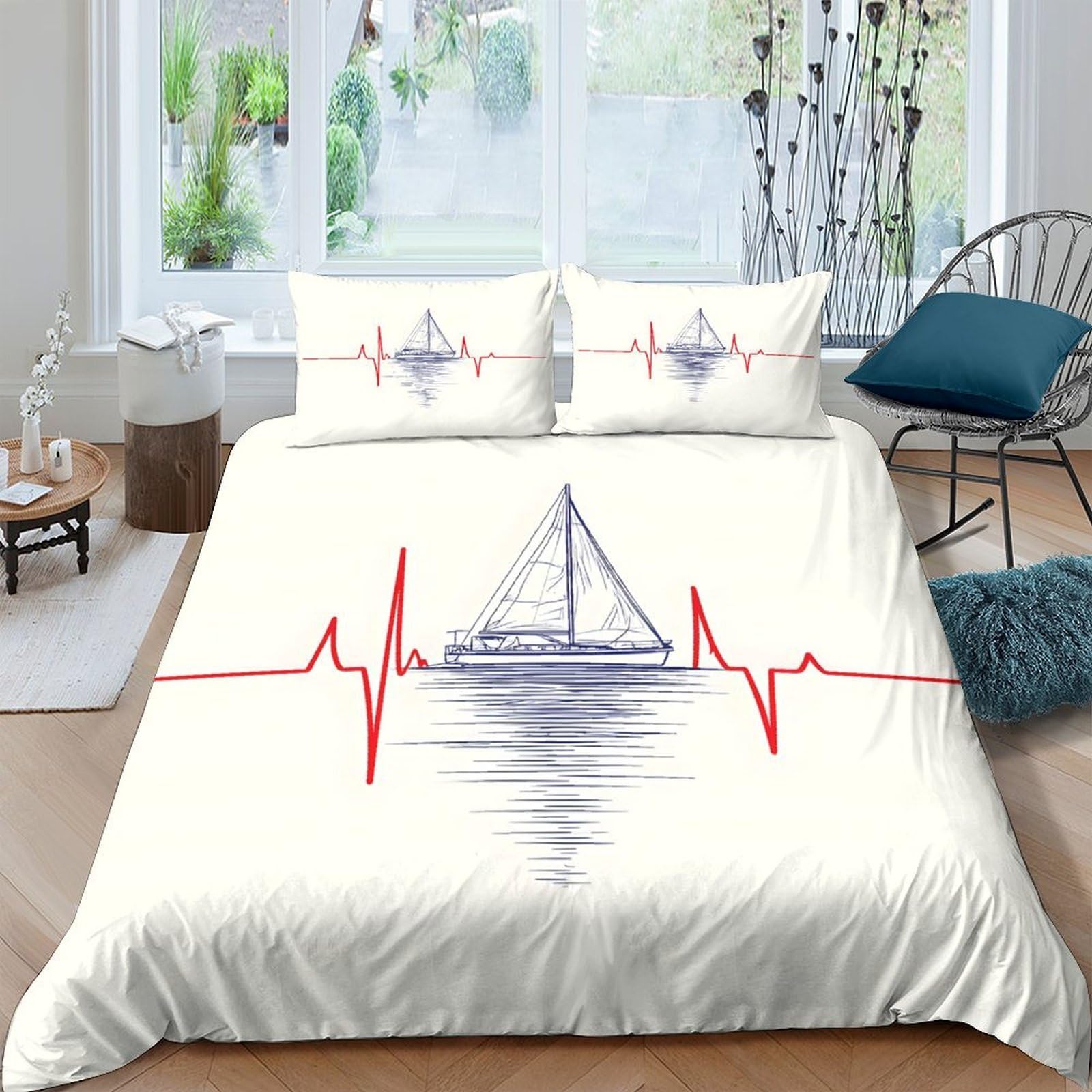 Ctjqhvkz Style-8 3D Printed Sailboat Heartbeat Fitted Sheet Microfiber Soft White Red Blue Bed Sheet For Bedroom Guest Room Decor Single（135X200cm）