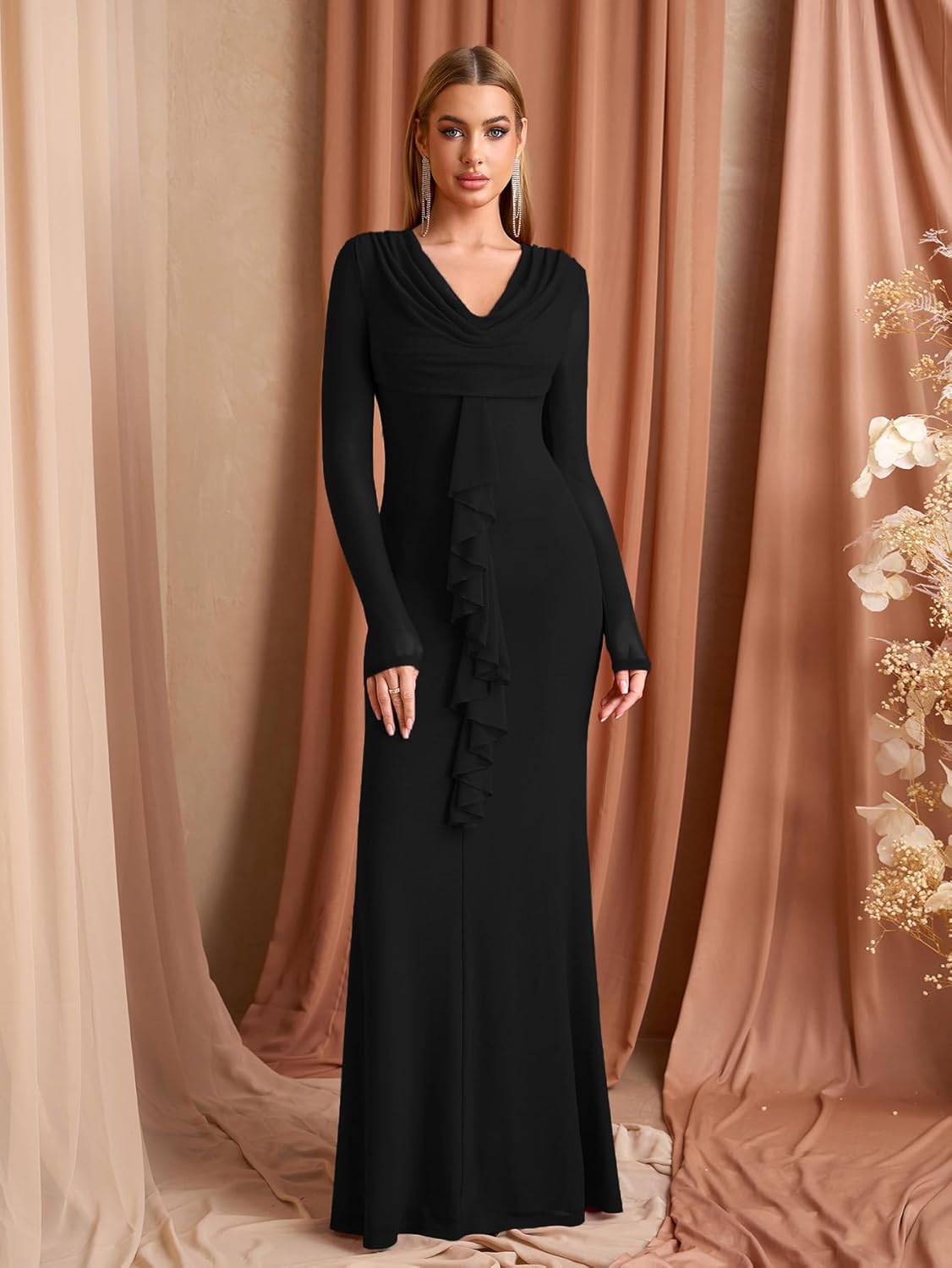 EYNMIN Long Sleeve Maxi Dress V Neck Ruffle Bodycon Mesh Elegant Formal Wedding Guest Dresses for Women 2025 Fall - Image 2