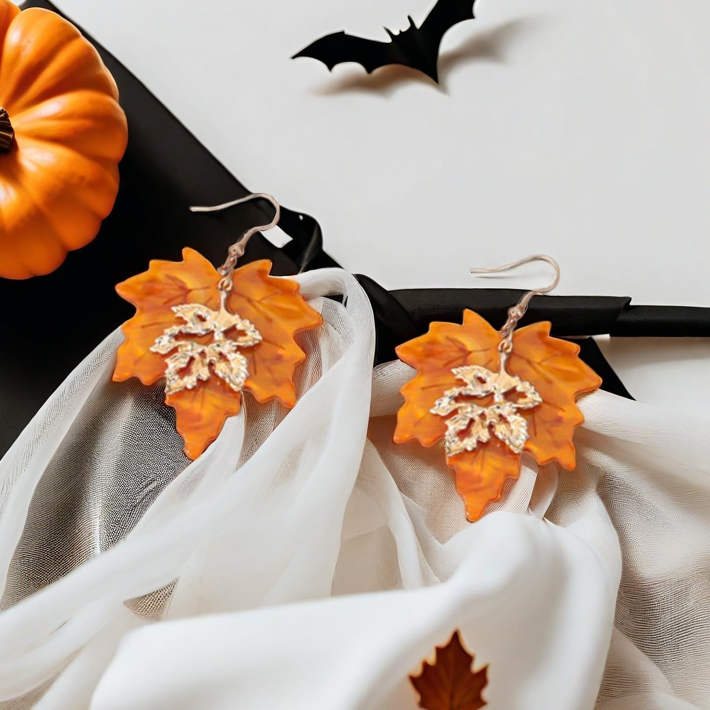 Thanksgiving Maple Leaf Hook Dangle Drop Statement Earrings for Women - Acrylic Autumn Fall Orange Leaves Huggie Hoops Dangling Earring Fashion Lightweight Jewelry - Image 3