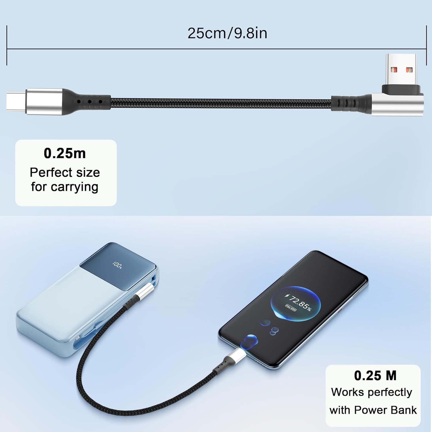Short USB Type C Charging Cable USB A to C Cable 6A Fast Charging Cord 90 Degree Type C Charger Cable for Car Cell Phone Tablet and USB C Devices 9.8in (Right Angle A to C) - Image 7