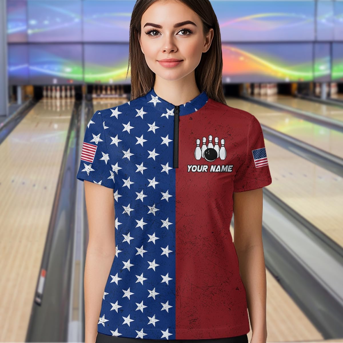 Patriotic Bowling Shirt Blue Red Custom American Flag Bowling Shirts for Men Women Team Bowling Polo Shirt 1/4 Shirt Bowlers