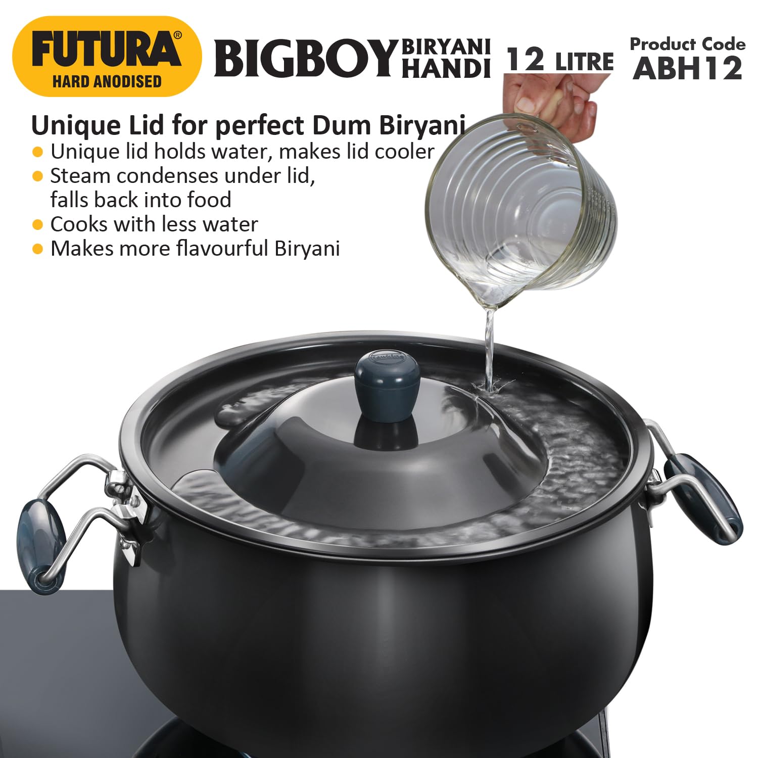 Hawkins Aluminium Futura s Bigboy Biryani Handi, Polished Hard Anodised Pot with Hard Anodised Lid, Sauce Pan for Cooking and Serving Biriyani, (Abh12) 12 Litre Black