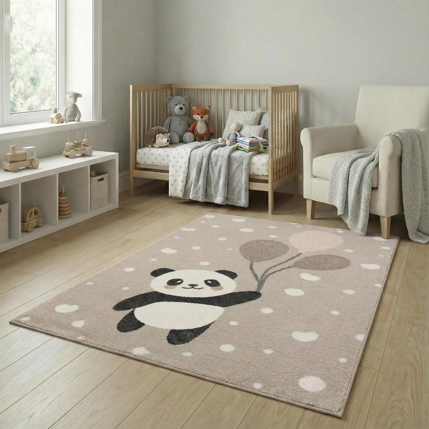 Jimri Tappeto per la cameretta dei bambini con orsetti, panda, pois, cuoricini e palloncini, tappeto per bambini - Crema, 120 x 170 cm