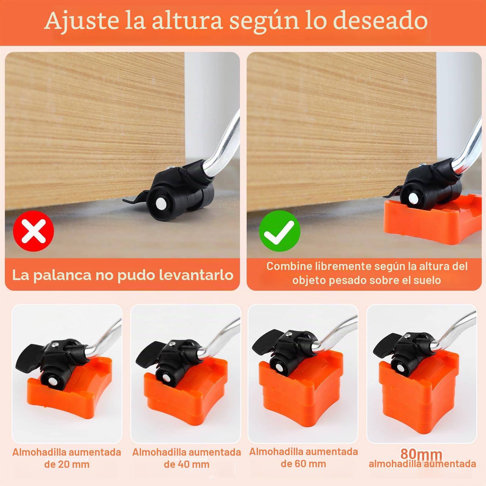 Kit Eelevador de Muebles Pesados, Juego de Ruedas de Transporte para Muebles, Transportador de Muebles con 4 Ruedas y Elevador, Carga Máxima 500kg, Ruedas para Mover Muebles y Objetos Pesados