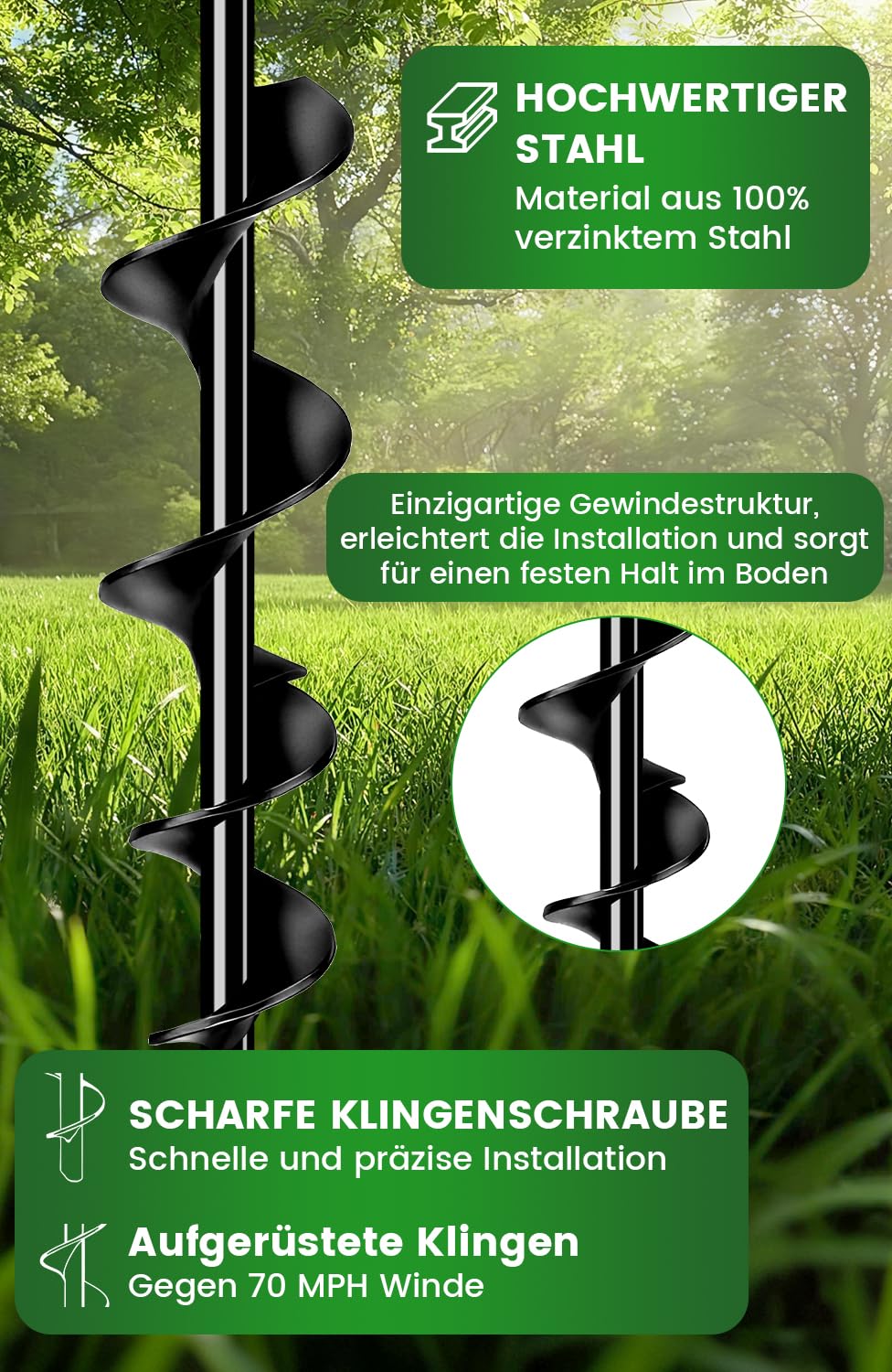 Erdanker Schwerlast 4 Pack (65cm)– Trampolin Erdanker für Garten, Schuppen & Schaukel, Spiral Bodenanker mit versteckter Öse, Rasenmäherfreundlich, Montage mit Bohrmaschine oder T-Griff, Sturmfest