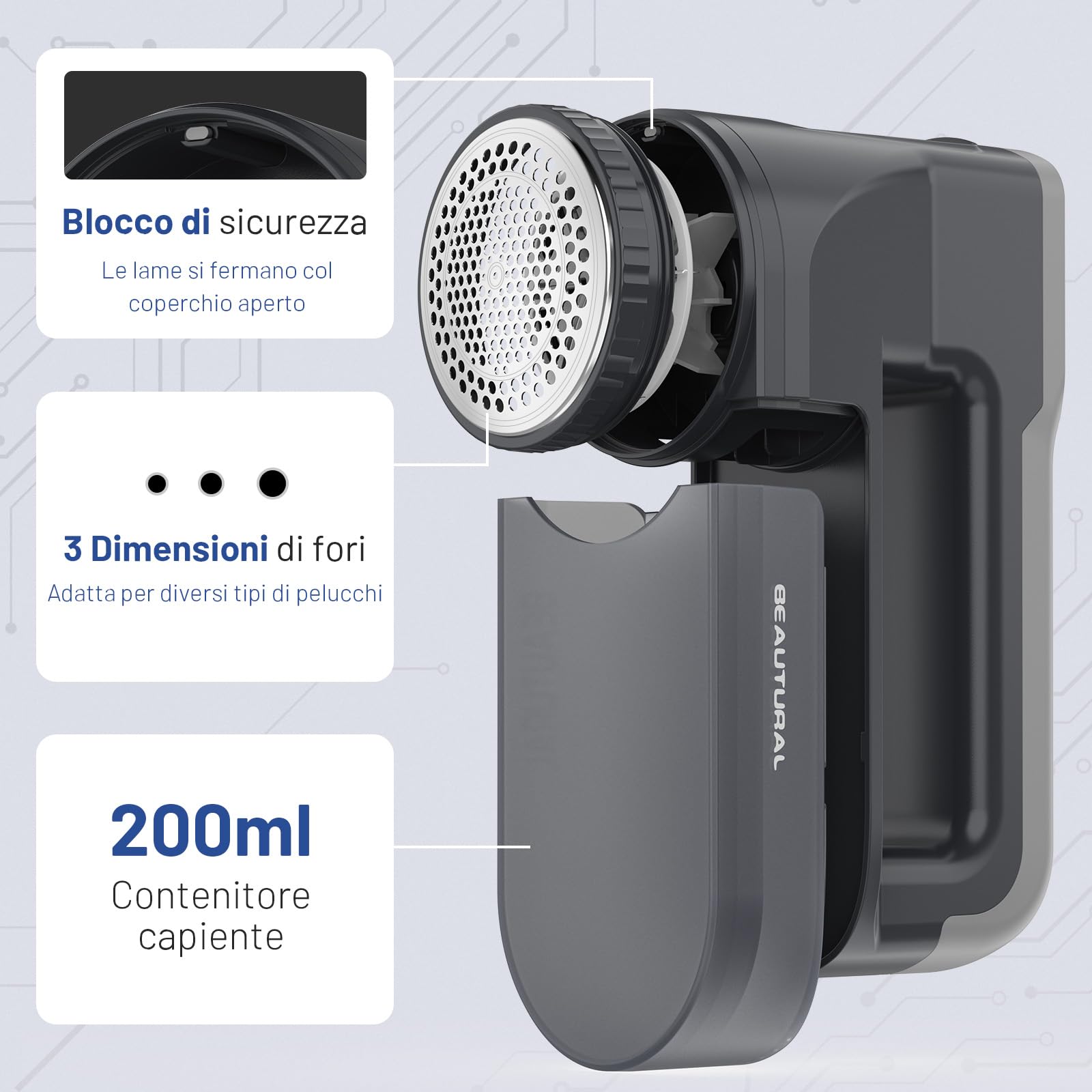BEAUTURAL Leva Pelucchi Elettronico Ricaricabile USB-C con 3 Velocità, Display LED, Luce Frontale e 6 Lame – Ideale per Vestiti, Mobili e Tutti i Tipi di Tessuto, Colore Grigio