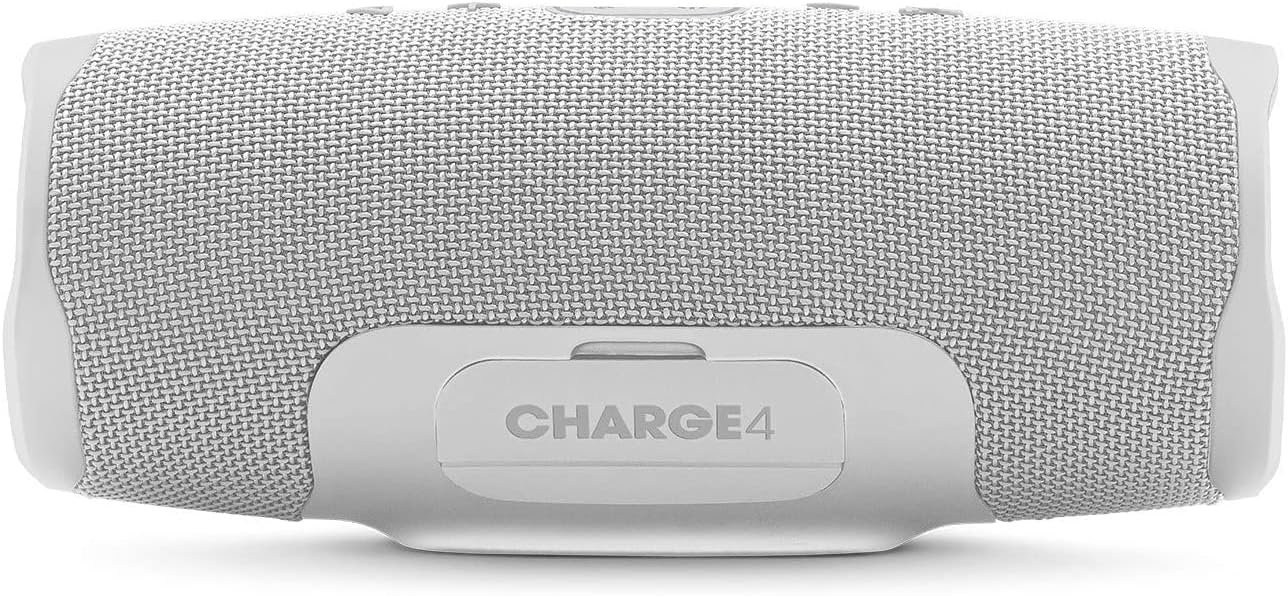 Арткы view of the JBL Charge 4 speaker with a sealed port cover labeled 'CHARGE4'.