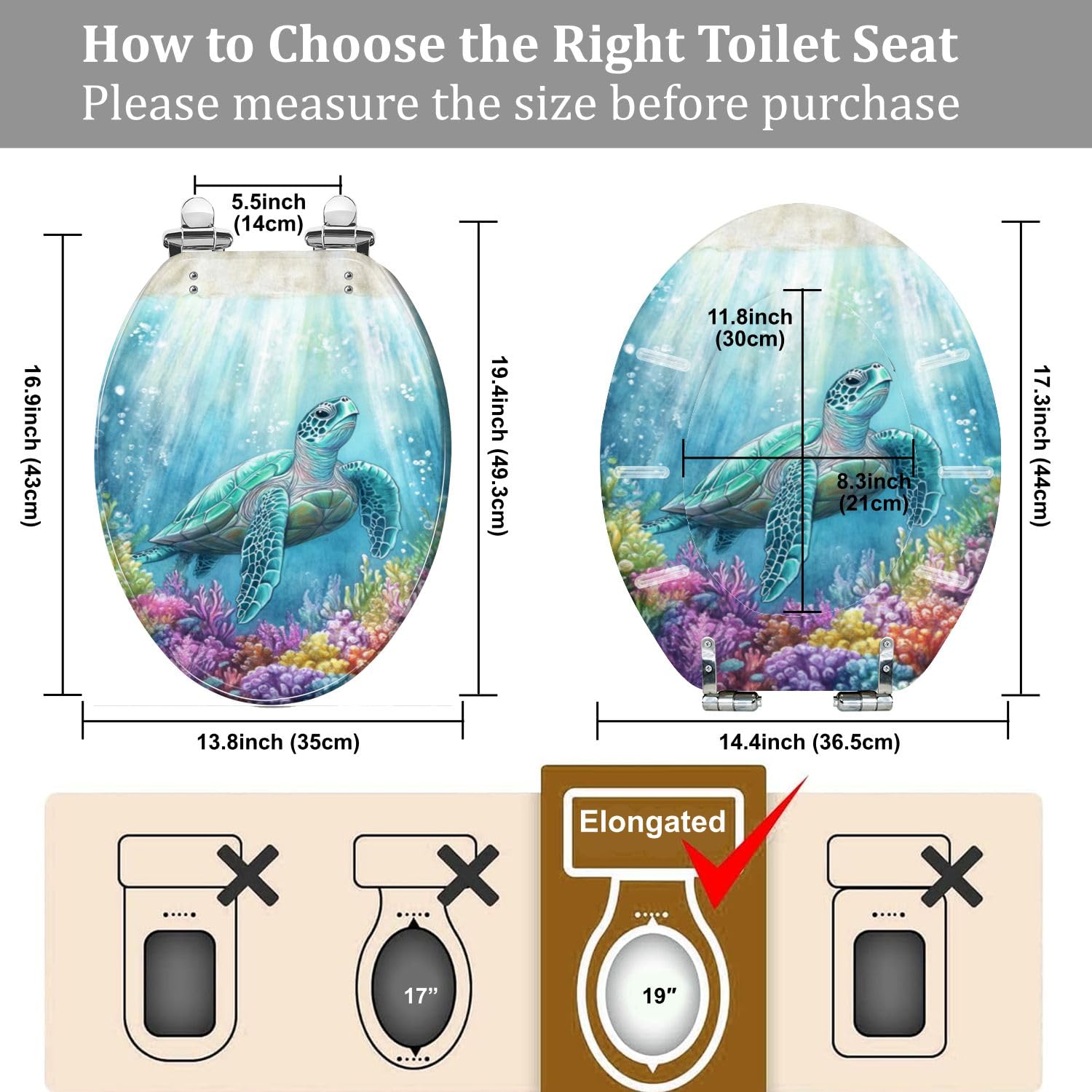 Elongated Resin Toilet Seat with Ocean Turtle Coral Scene, Quiet Close
