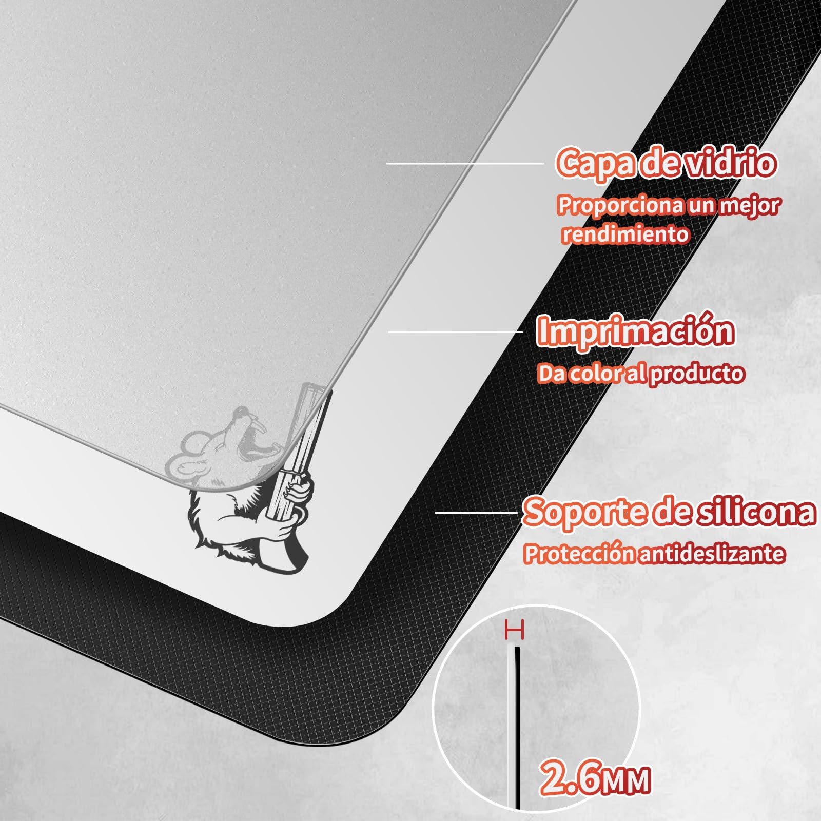 SIROOLAC 2.0 Tappetino Mouse Gioco Vetro, FPS, Base Silicone, Strato in vetro sottile da 1,6 mm, Esperienza Scatto Premium (bianco, 300mm*350mm)
