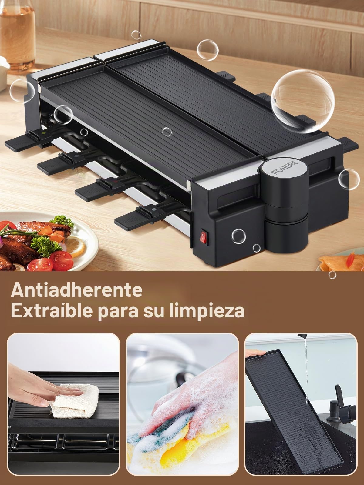 FOHERE Raclette 8 Personas, 1400W Raclette Grill Electrico con Parrilla Antiadherente y 8 Placas, Parrilla Eléctrica Giratoria, Adecuada para Familias y Fiestas