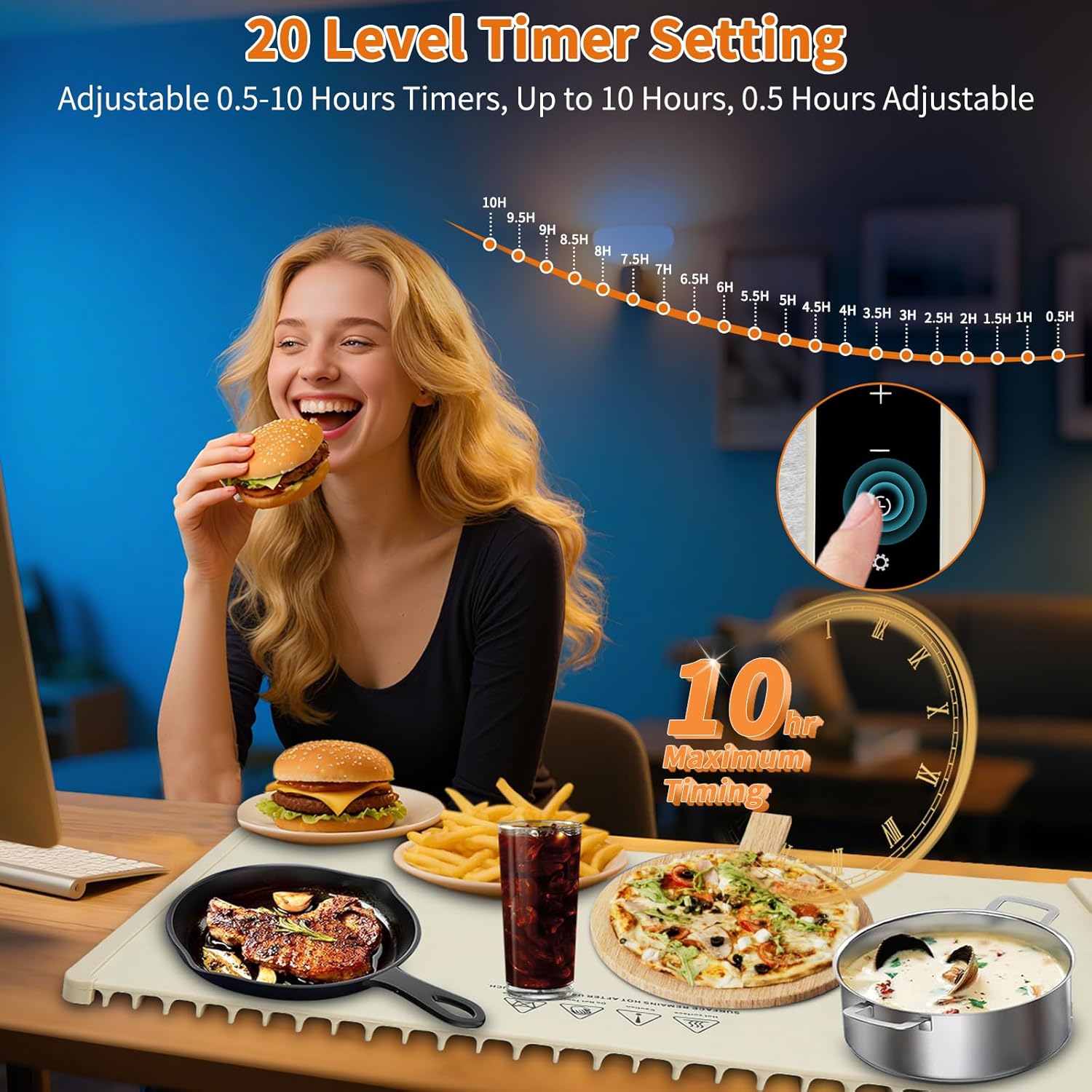 Food Warming Mat - Electric Warming Tray with 10 Temps & 0.5-10 Hours Timer,Child Safe Lock,5 S Fast Heating Full Surface Silicone Food Warmer,Roll Up Heat Pad for Parties,Buffets,Gatherings,Travel