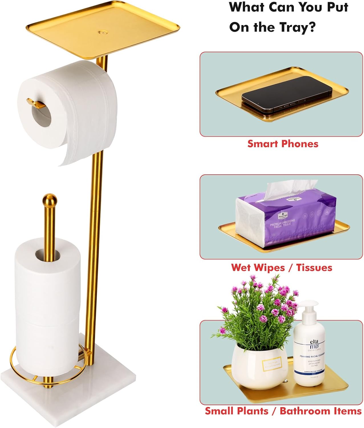 Toilet Paper Holder with Tray at The Top, Sturdy Marble Base No Wobby, Holding Extra 3 Toilet Paper Rolls As Spare Use, Freestanding No Drilling (Gold)