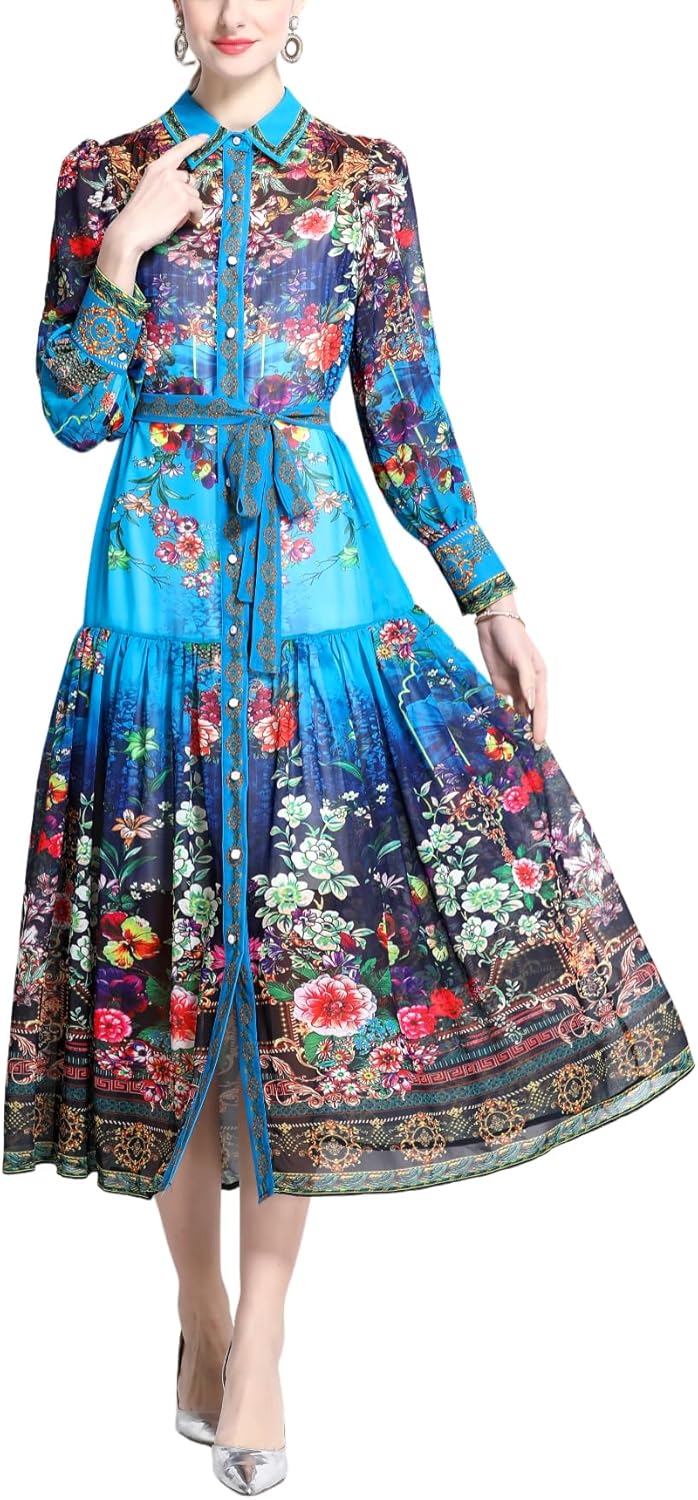 Women's Retro Print Dress, Bohemian Style, A-line Maxi Dress, Tie Waist Lantern Sleeves, Stand Collar Dress
