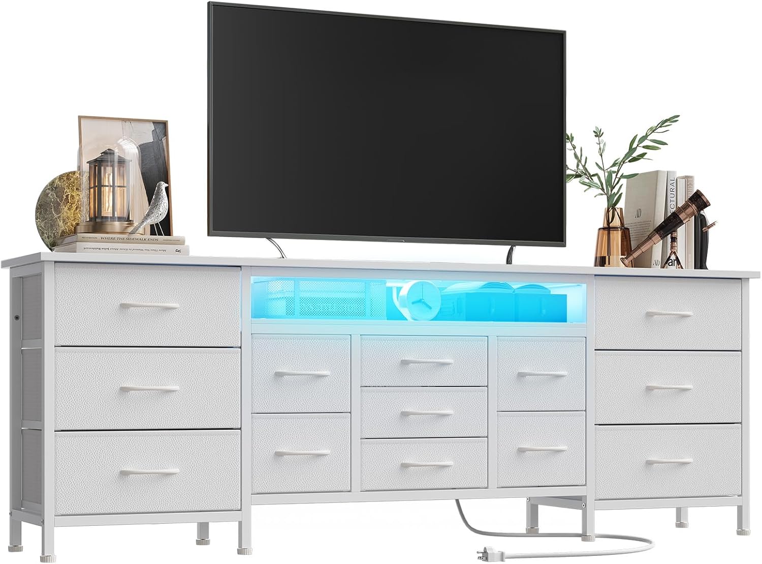 70 Inch Long Dresser TV Stand for 65, 75, 80 Inch TV, Wide 13 Chest of Fabric Drawers Dresser & Power Outlets and LED Lights, Large Entertainment Center for Bedroom