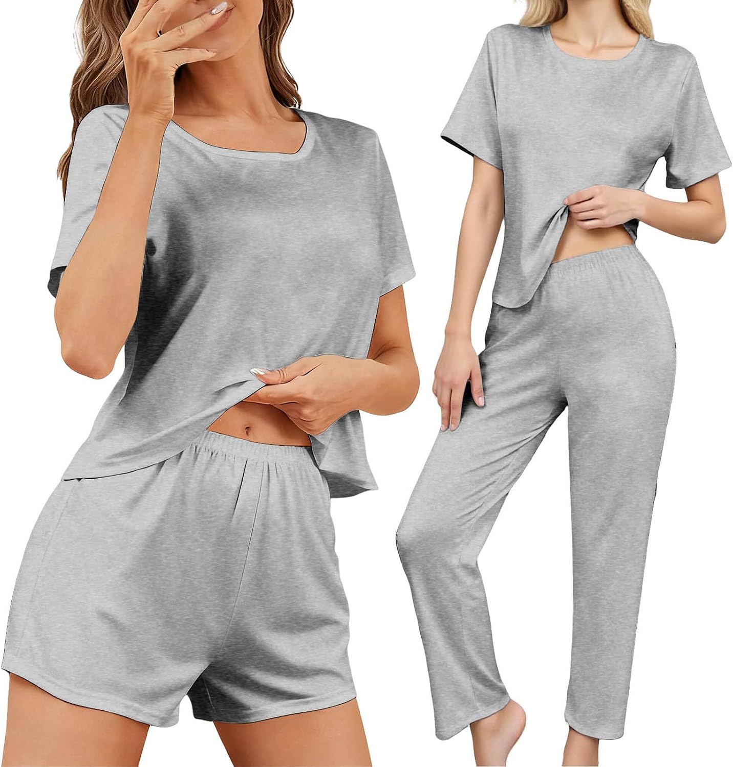 Women's 3 Piece Pajama Set Short Sleeve Crewneck Top and Shorts Pants Pj Set Sleepwear Solid Color Soft Loungewear