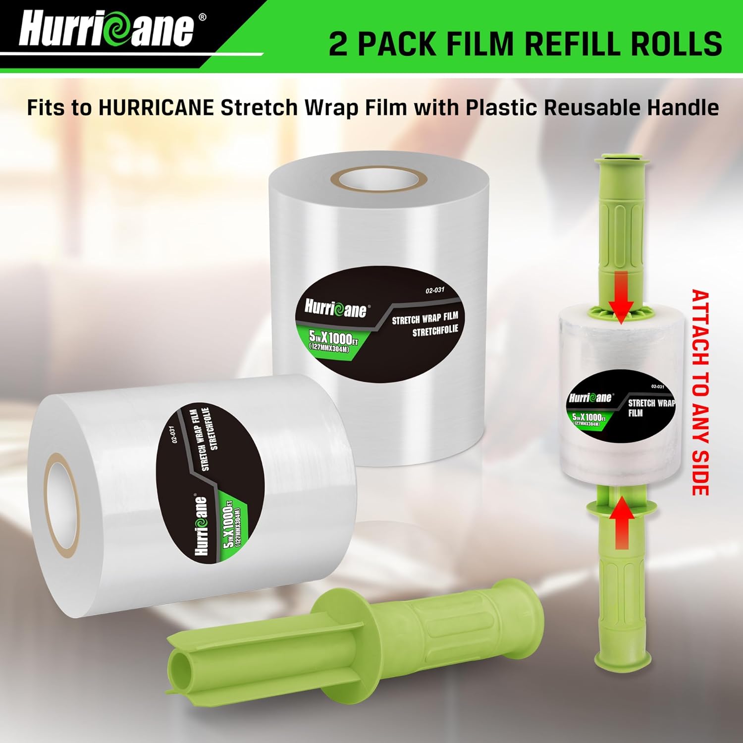 HURRICANE Stretch Wrap Film Refill Rolls, Clear Stretch Wrap Refill Roll, 2 Pack 80 Gauge Thick 5 inch 1000 ft, Clear Plastic Pallet Shrink Film, Stretch Plastic Wrap for Packing, Moving, Storage