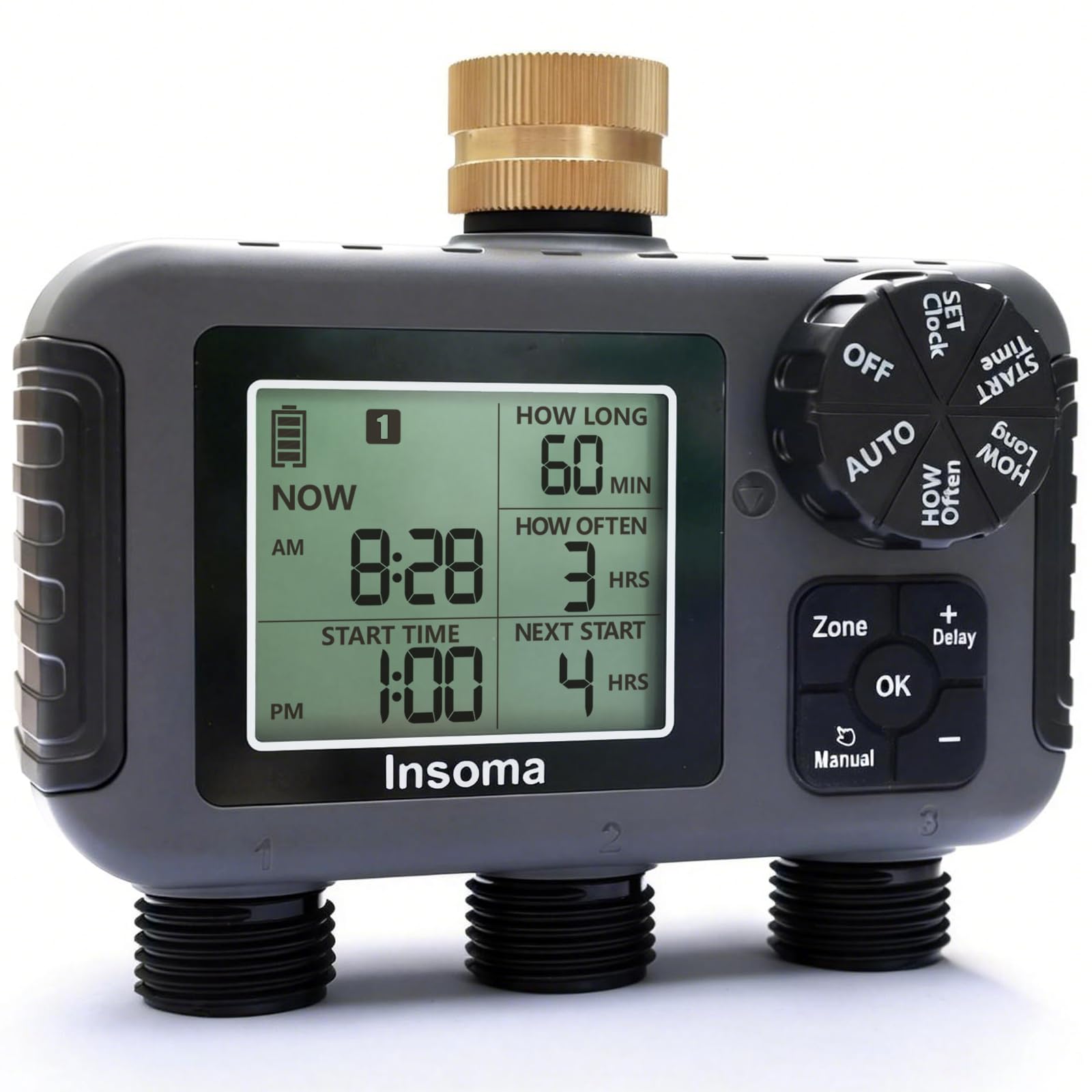 Insoma 3-Zone Water Timer Brass Inlet, Outdoor Sprinkler Timer + Waterproof IPX5, Programmable Automatic/Manual Watering, Rain Delay & Large Display, Suitable for Garden, Lawn, Yard Water Hoses