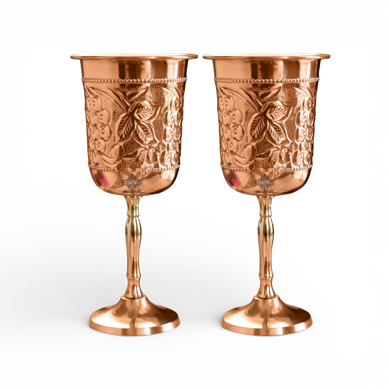 INDIAN ART VILLA Pure Copper Wine Glass with Grape Vines Embossed Design & Brass Bottom, Serving Drinking Wine Cocktail Bar Hotel Restaurant, Volume-300 ML Pack of - 2
