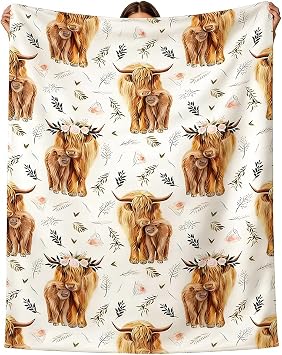 Highland Cow Print Blanket - Ultra Soft Cozy Fleece Plush Warm Flannel Bedding Blanket with Cute Scottish Cattle Design, Warm Flannel Blankets for Couch Bed Travel Animal Cattle Gift 40x52inch
