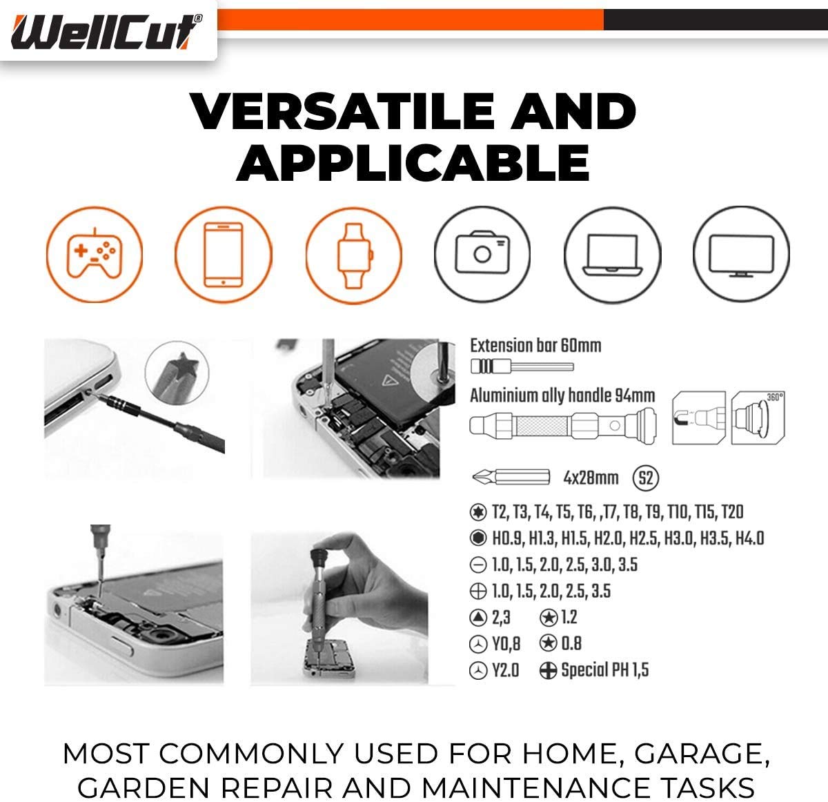 WELLCUT WC-MPS38U - Juego de destornilladores de precisión multiusos con barra de extensión (38 piezas)