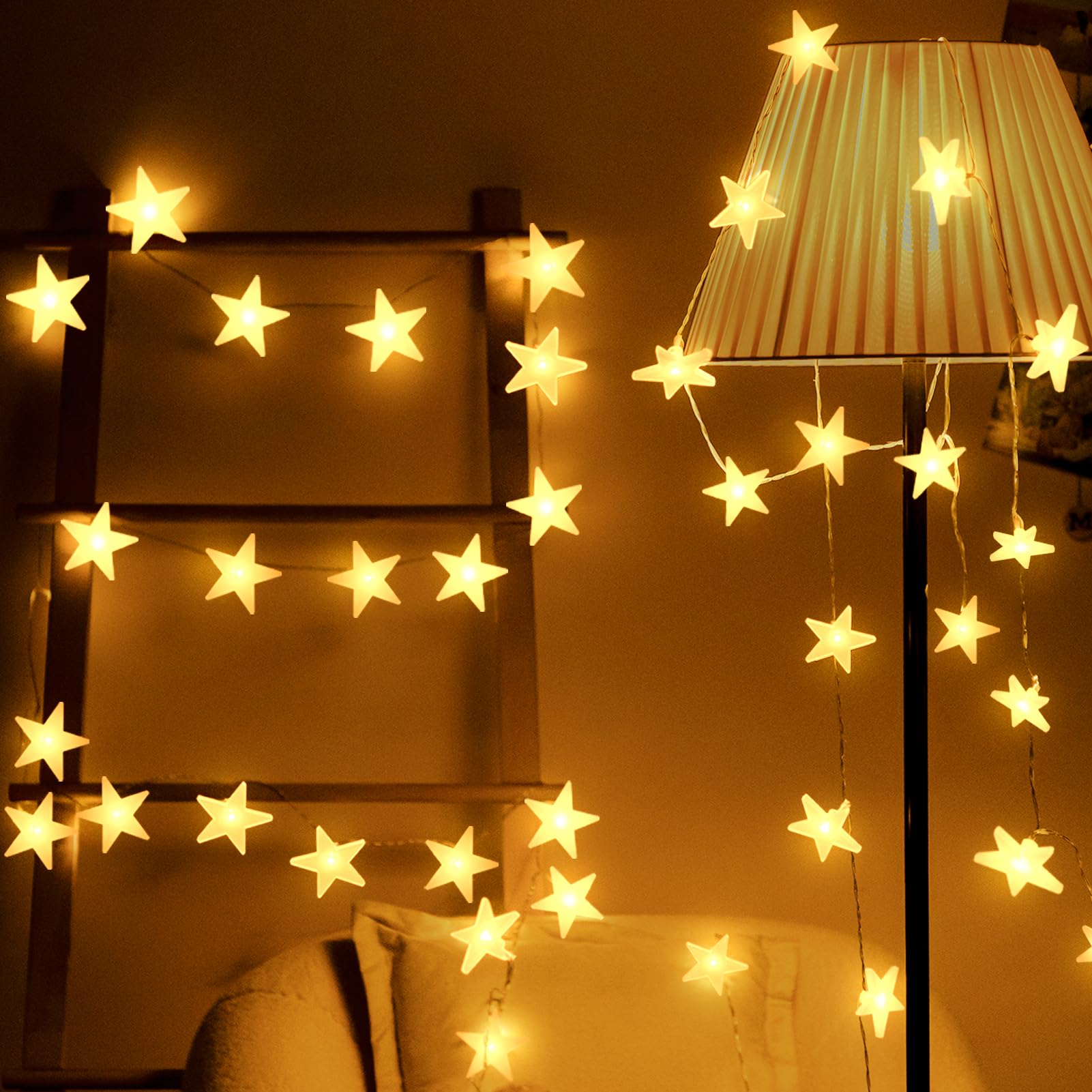Uping Guirlande Lumineuses 30 Etoiles Led à Piles 4,65m Décoration Intérieur/Eextérieur pour Jardin Fête Soirée et Cérémonie(Blanche chaude)