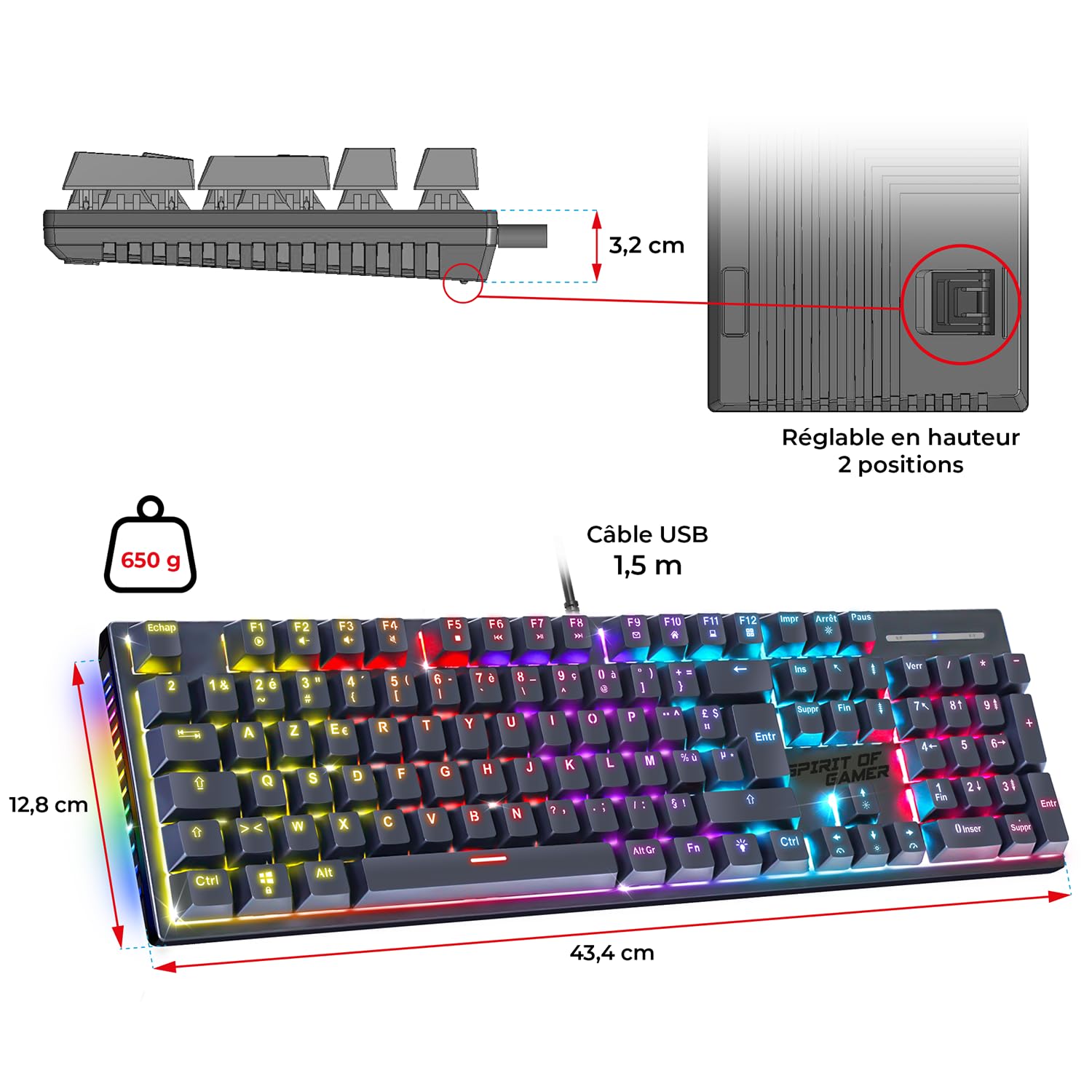Spirit Of Gamer XPERT K250, teclado mecánico AZERTY Swtich rojo, 17 modos de retroiluminación RGB, tecnología N-Key Rollover de 26 teclas antighosting, conexión por cable, 2 interruptores incluidos,