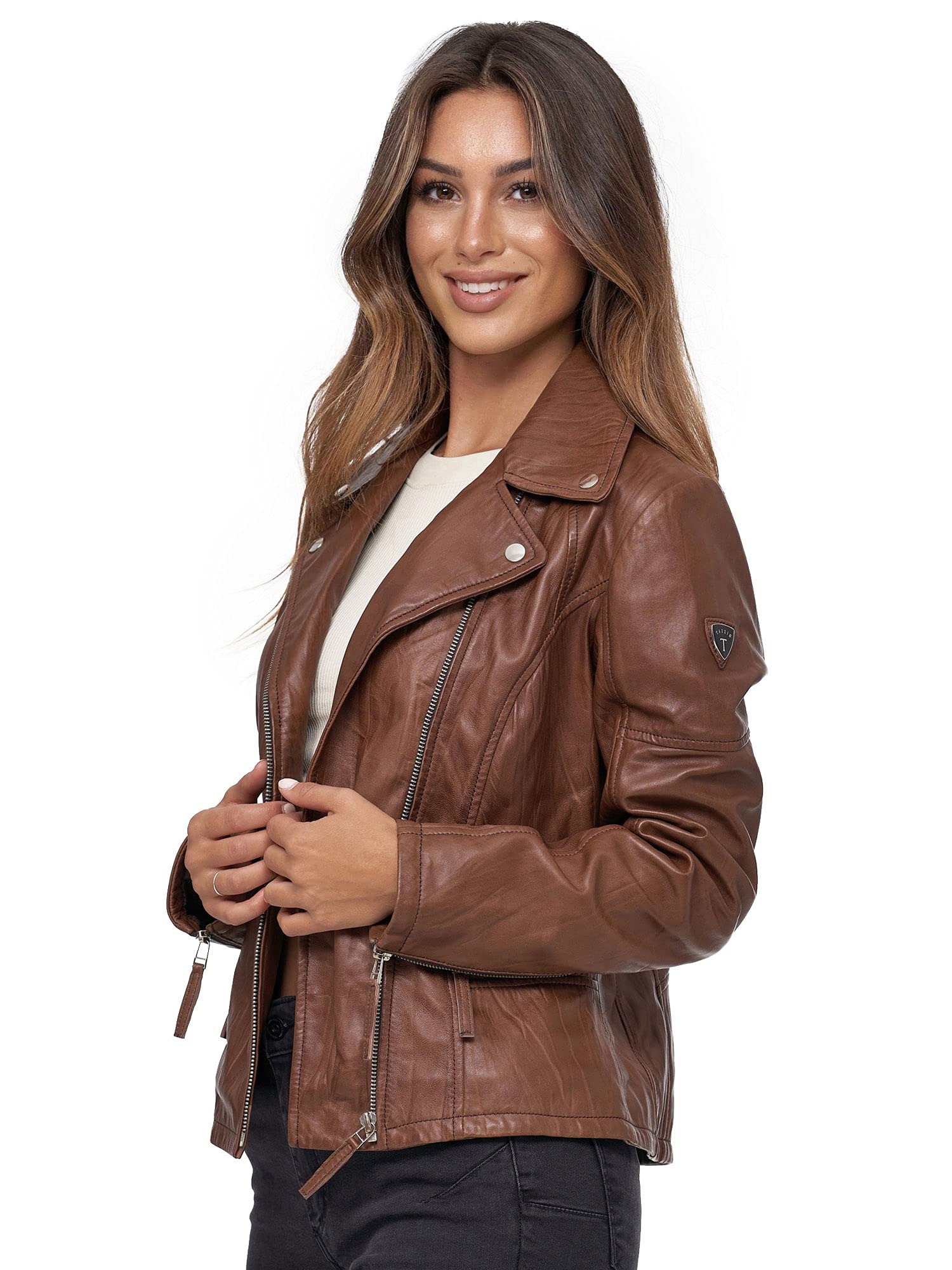 Tazzio Chaqueta de piel moderna y atemporal para mujer en aspecto motero con cuello de solapa F501