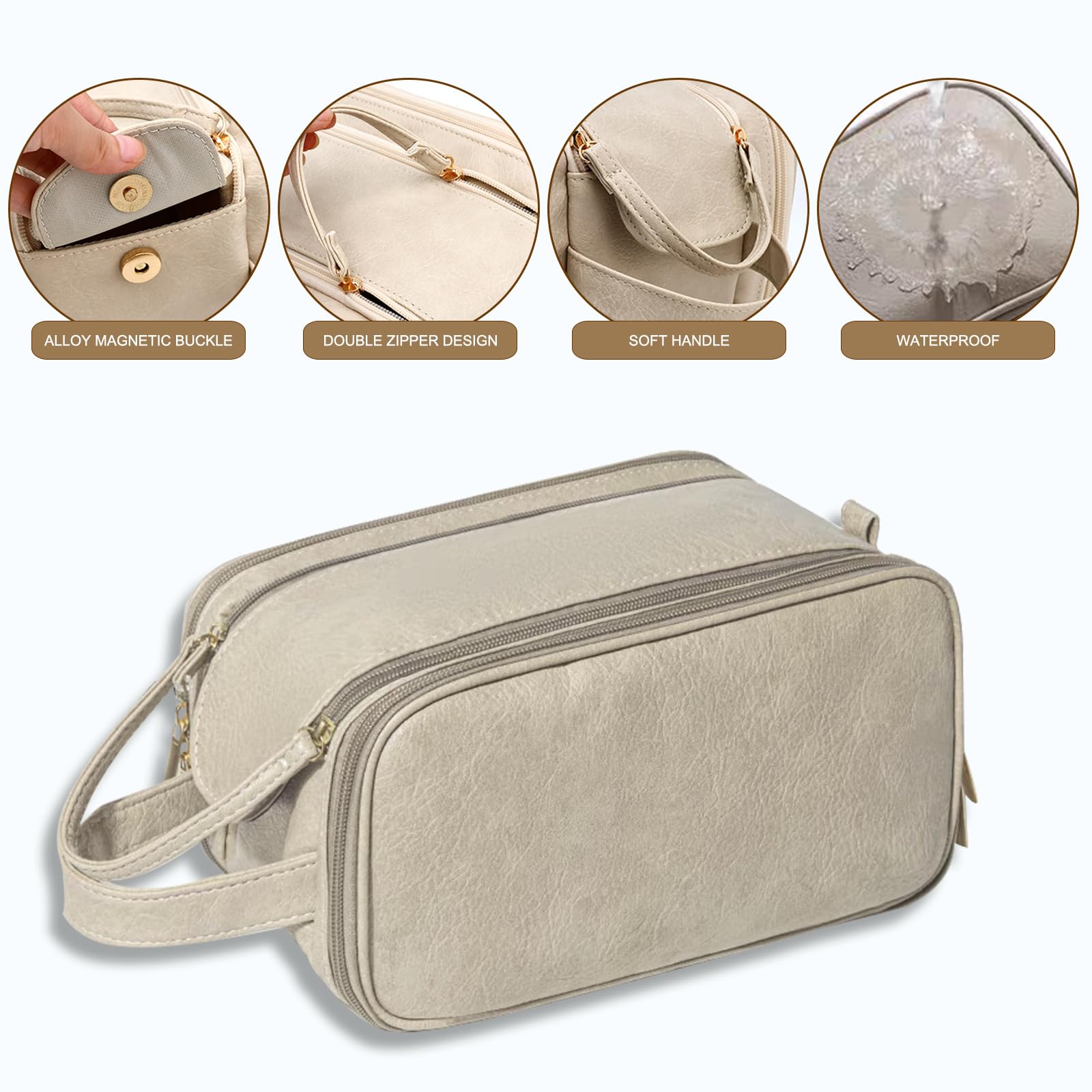 SUBAOQI Travel Toiletry Bag for Women Men, Large Travel Toiletry Organizer Makeup Bag, Hanging Cosmetic Bag dopp kit Leather skin care Waterproof Shaving Bag for Toiletries Accessories (beige)