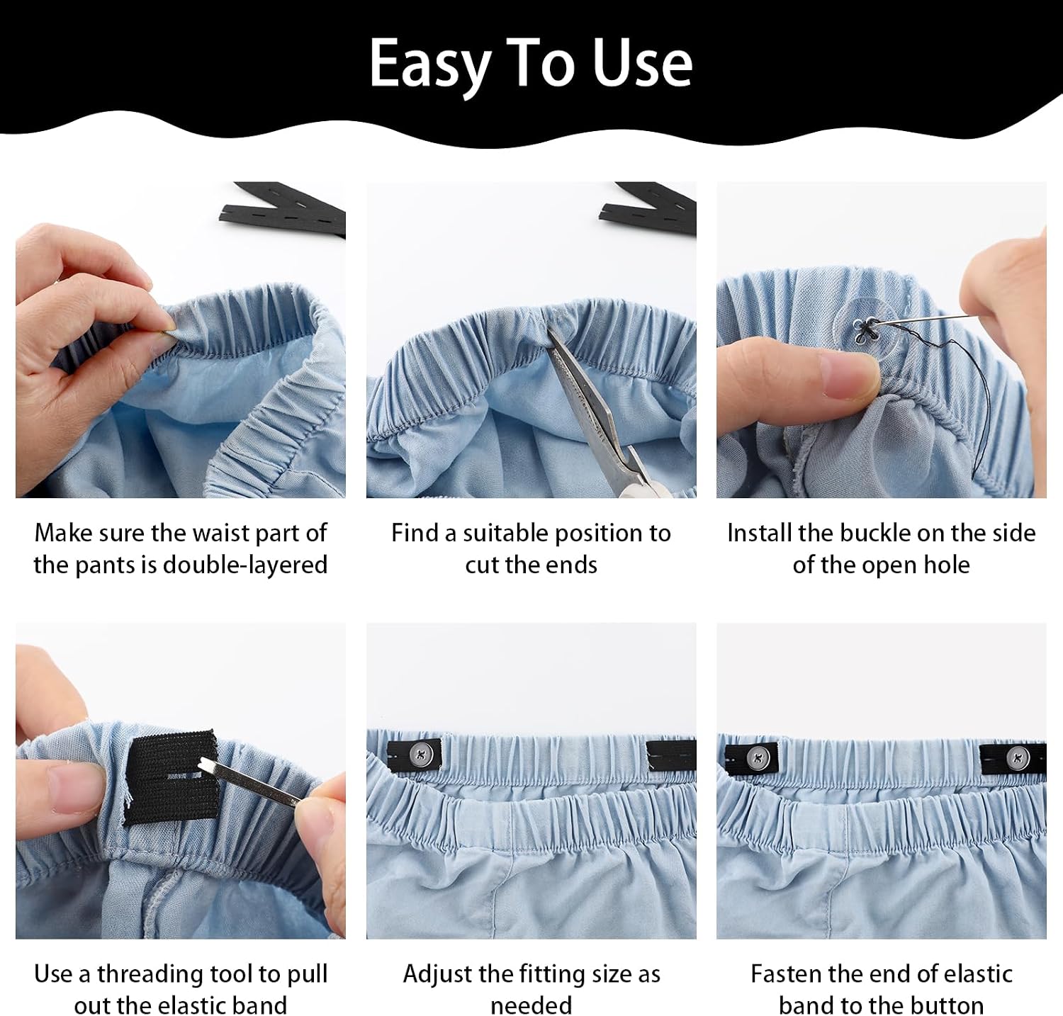6 Pcs Waist Tightener for Pants, Adjustable Jeans Waist Tightener with Elastic Bands, Pants Waist Adjuster Kit for Women and Men,Jean Button Tightener with Sewing Kit and Hooks Easy to Storage(Black)